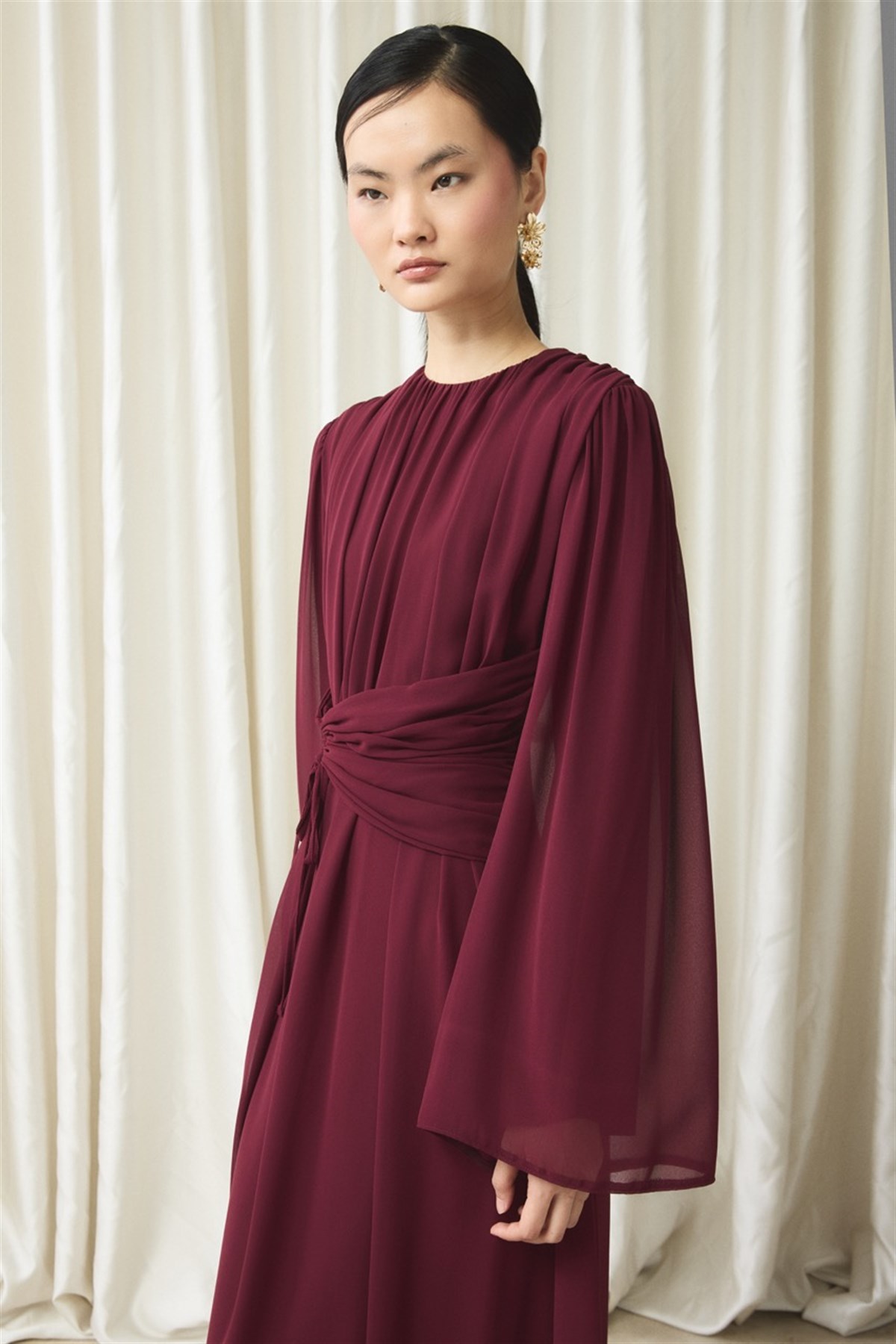 Bel Büzgülü Şifon Elbise - Bordo