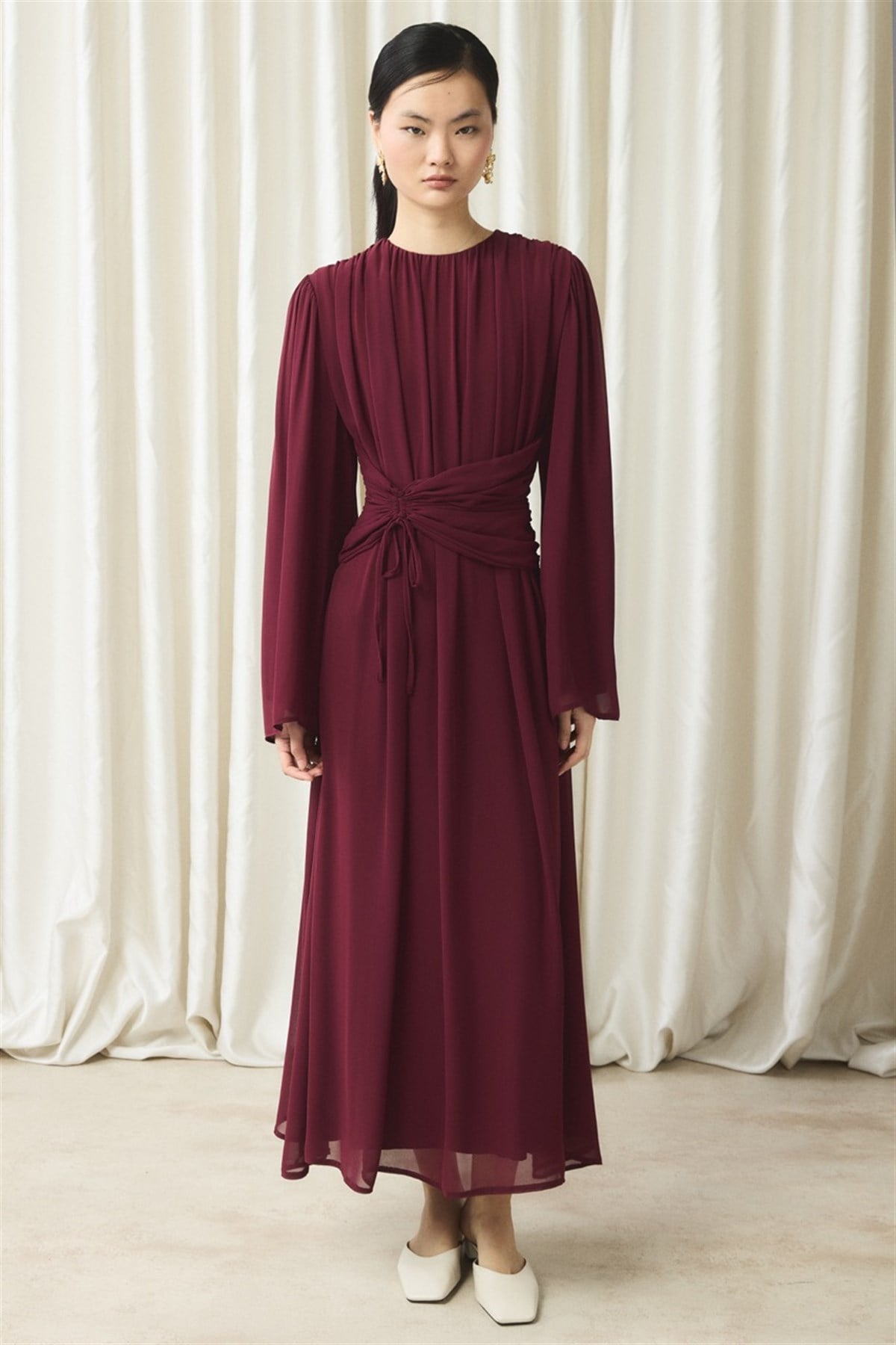 Bel Büzgülü Şifon Elbise - Bordo