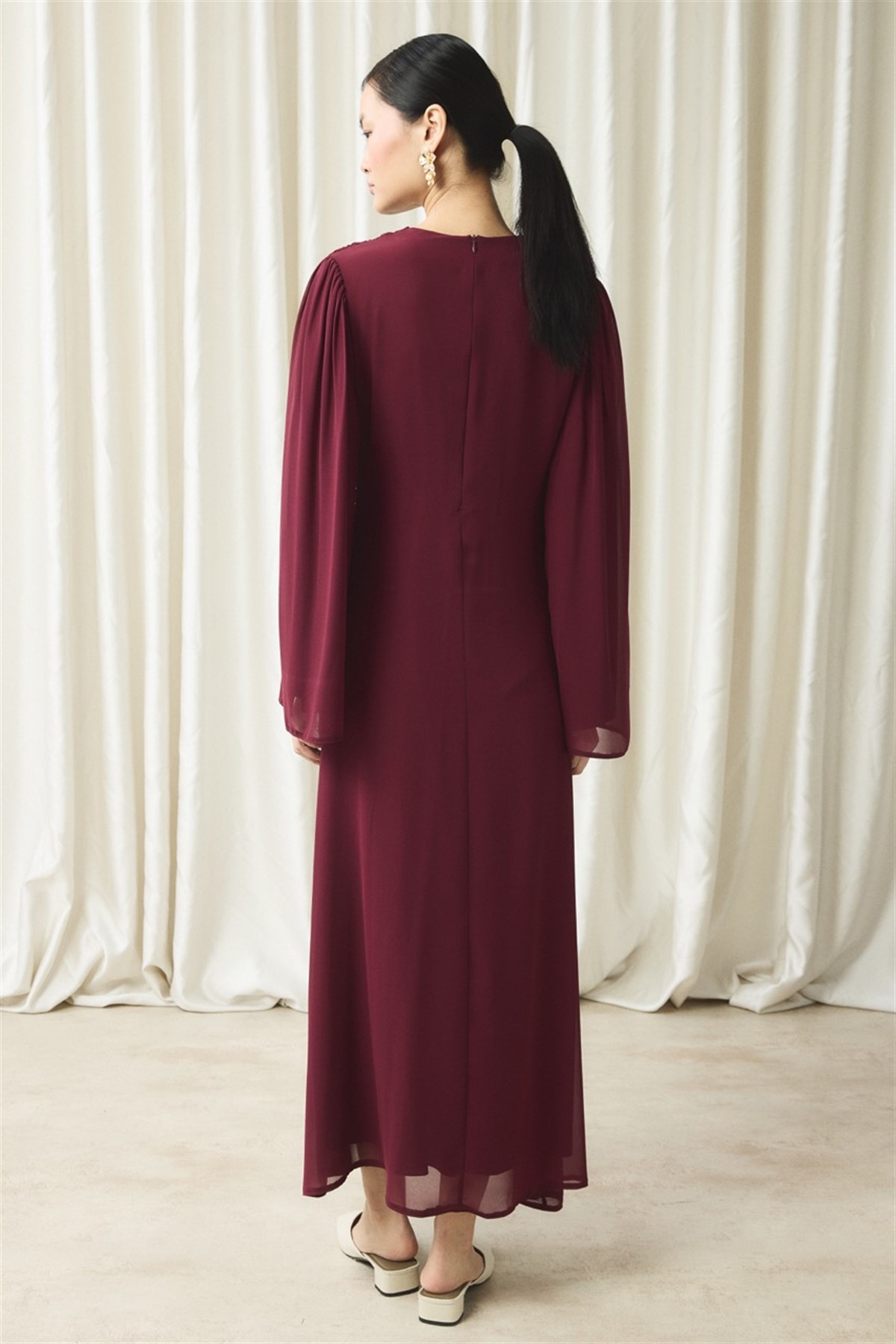 Bel Büzgülü Şifon Elbise - Bordo