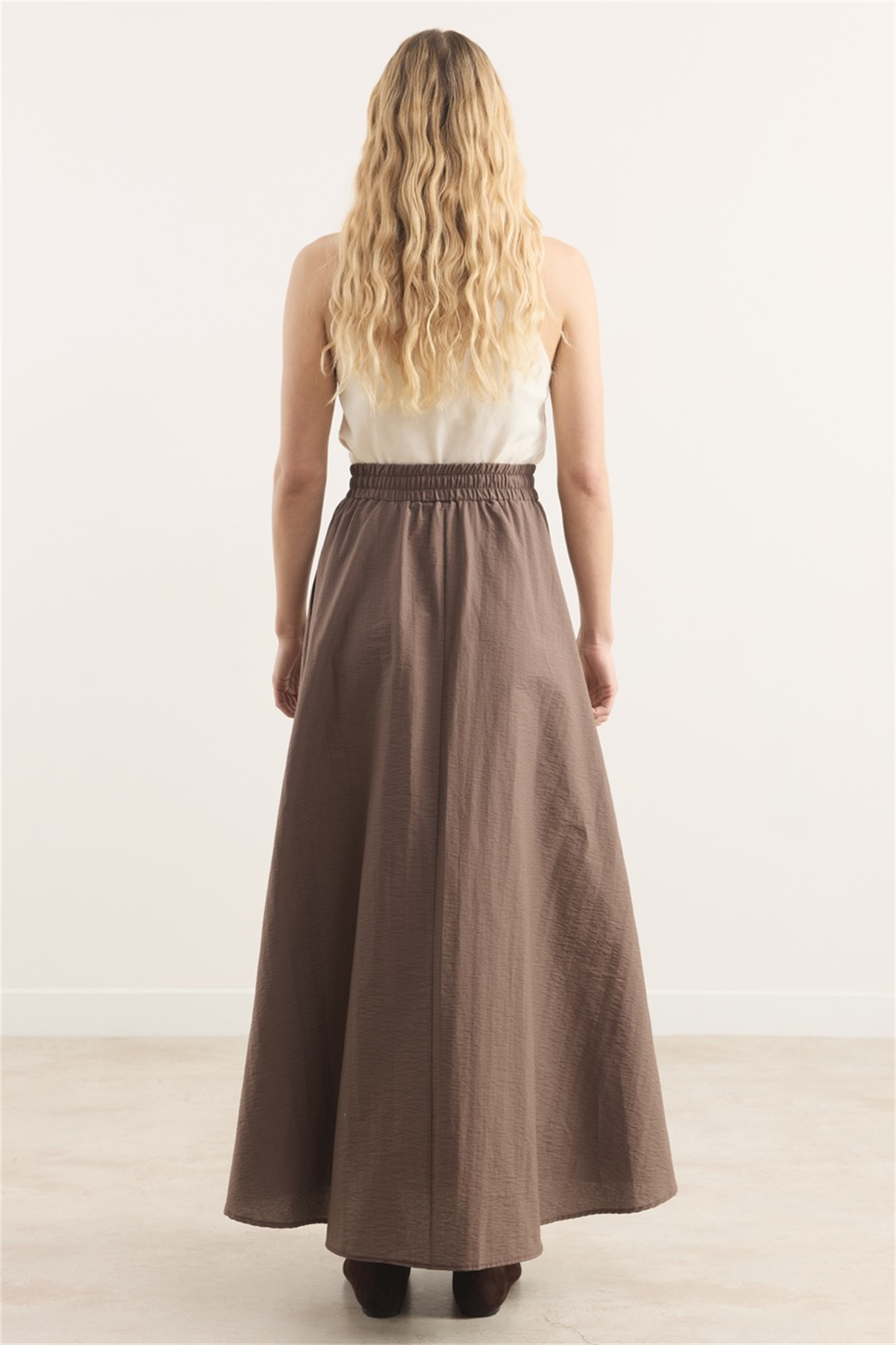 Bel Lastik Büzgülü Etek - Kahve