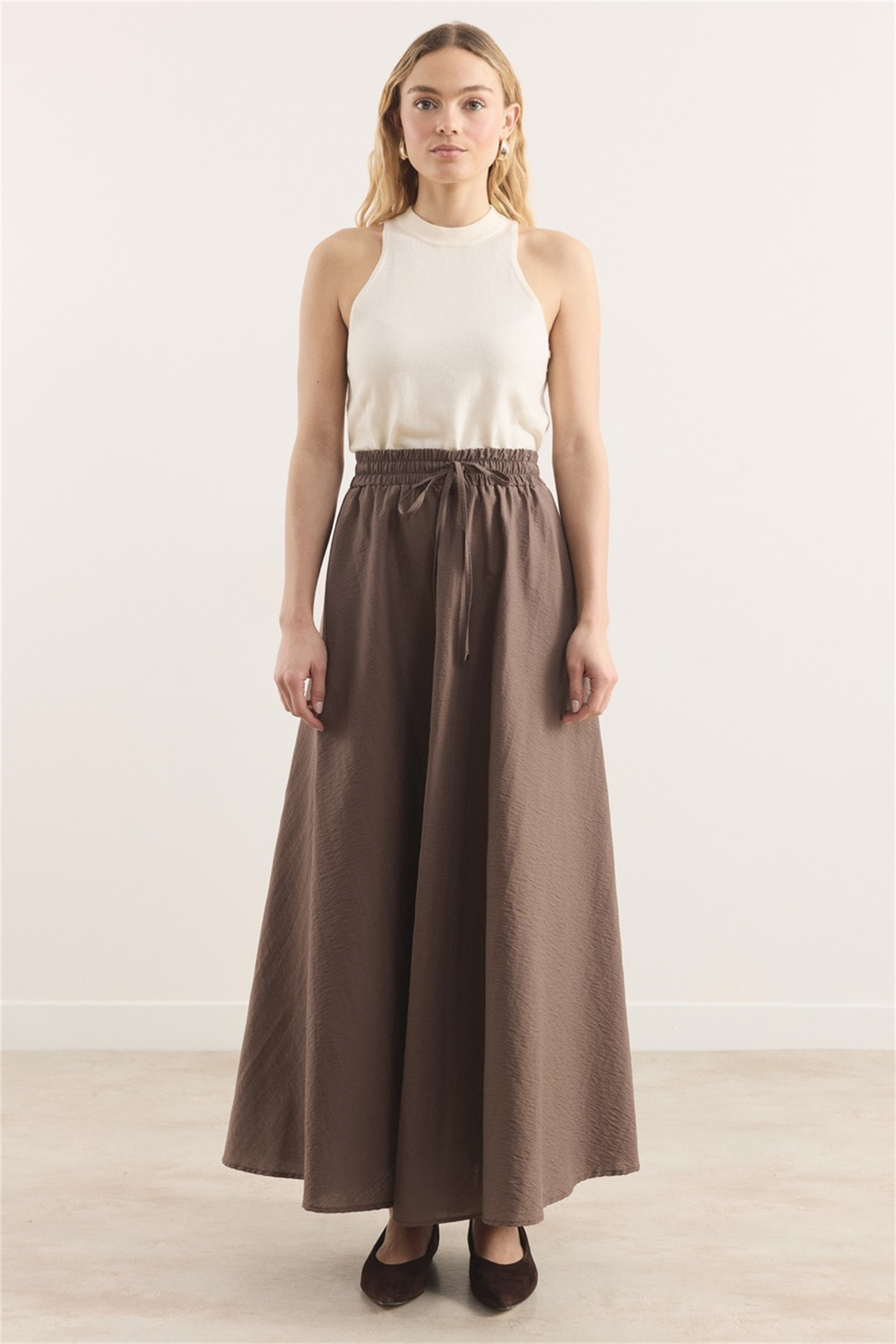 Bel Lastik Büzgülü Etek - Kahve