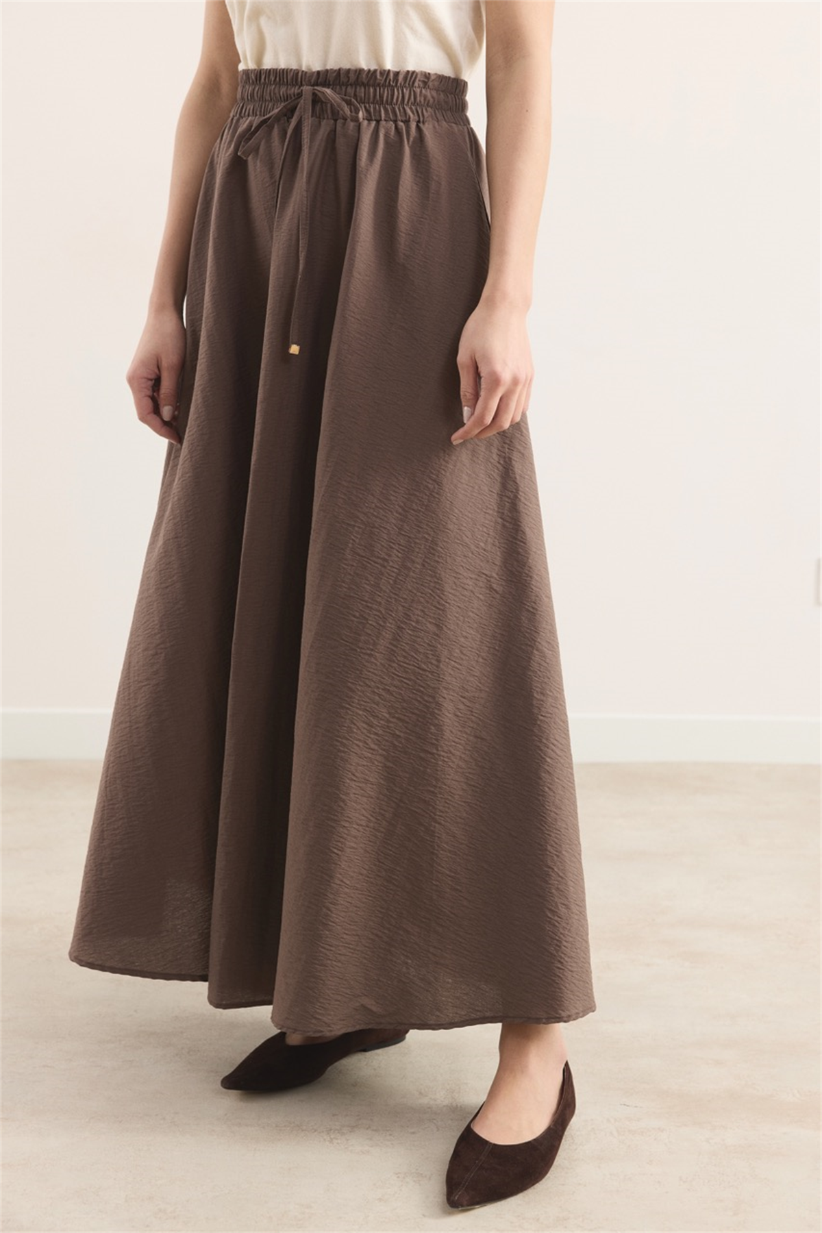 Bel Lastik Büzgülü Etek - Kahve