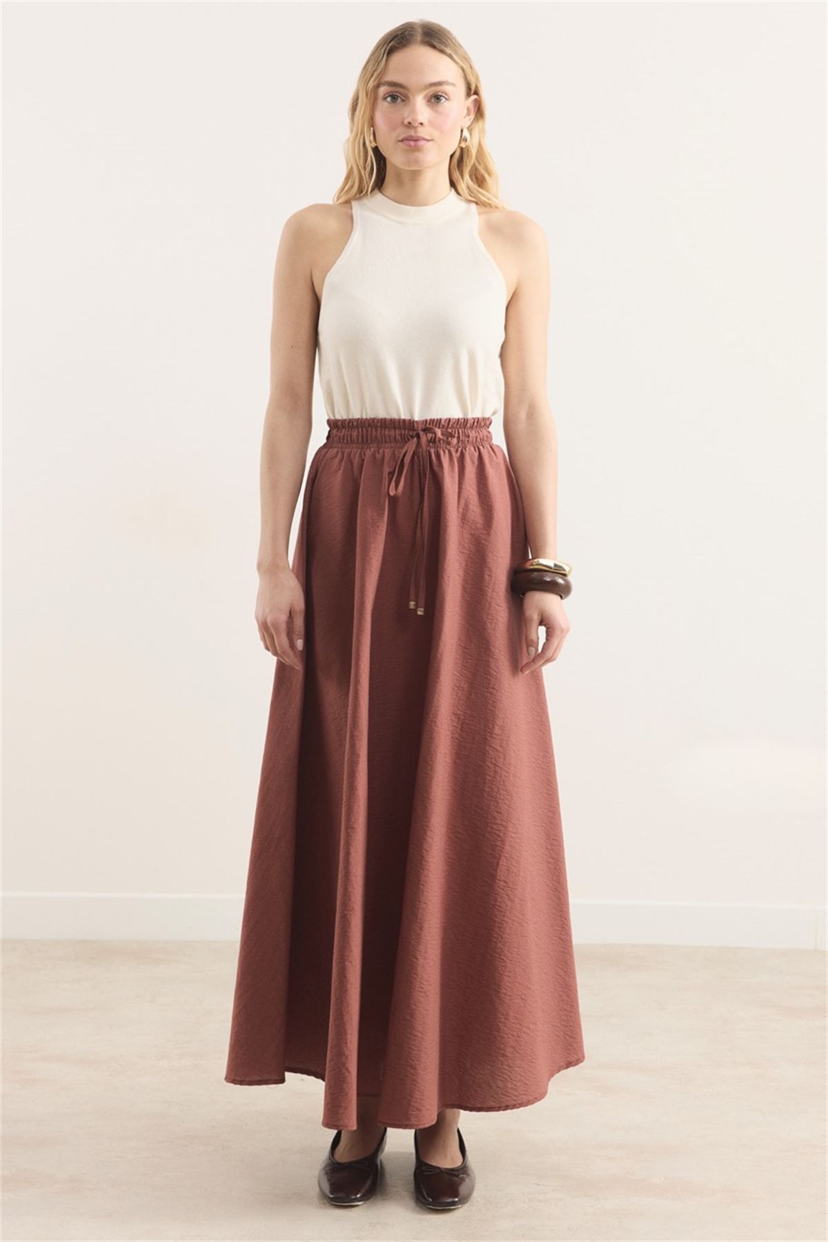 Bel Lastik Büzgülü Etek - Kiremit