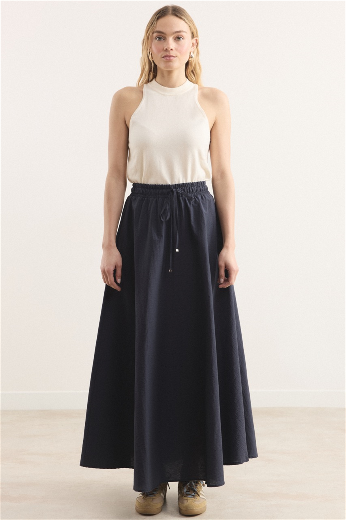 Bel Lastik Büzgülü Etek - Lacivert