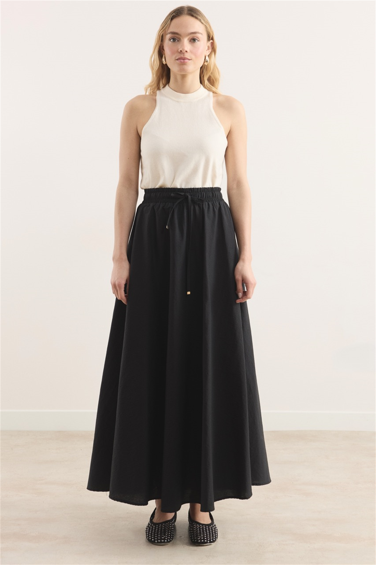 Bel Lastik Büzgülü Etek - Siyah