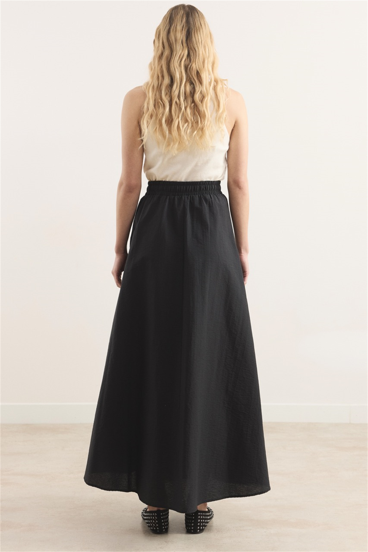 Bel Lastik Büzgülü Etek - Siyah