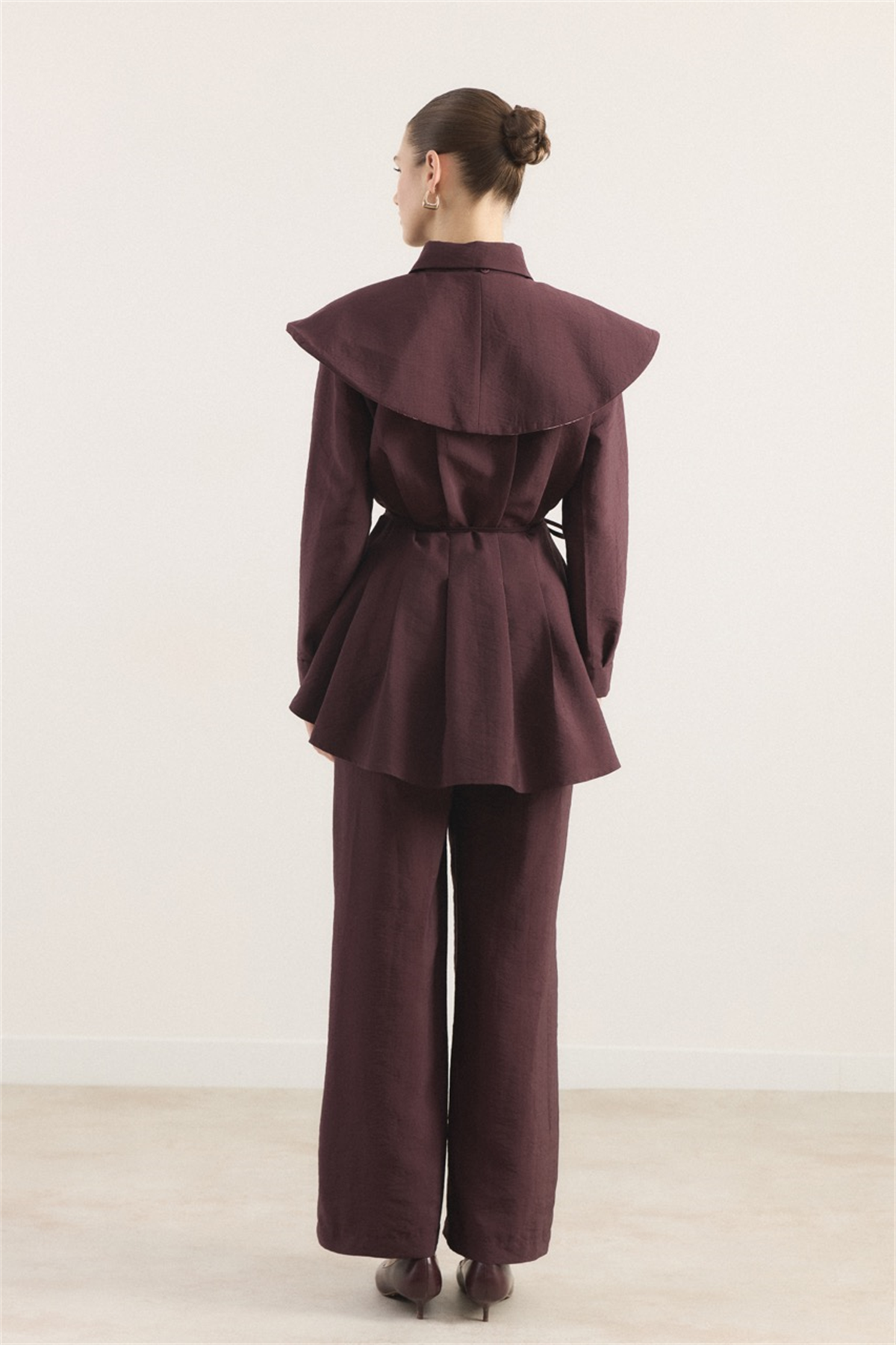 Bel Pileli Geniş Yakalı Ekose Takım - Mürdüm