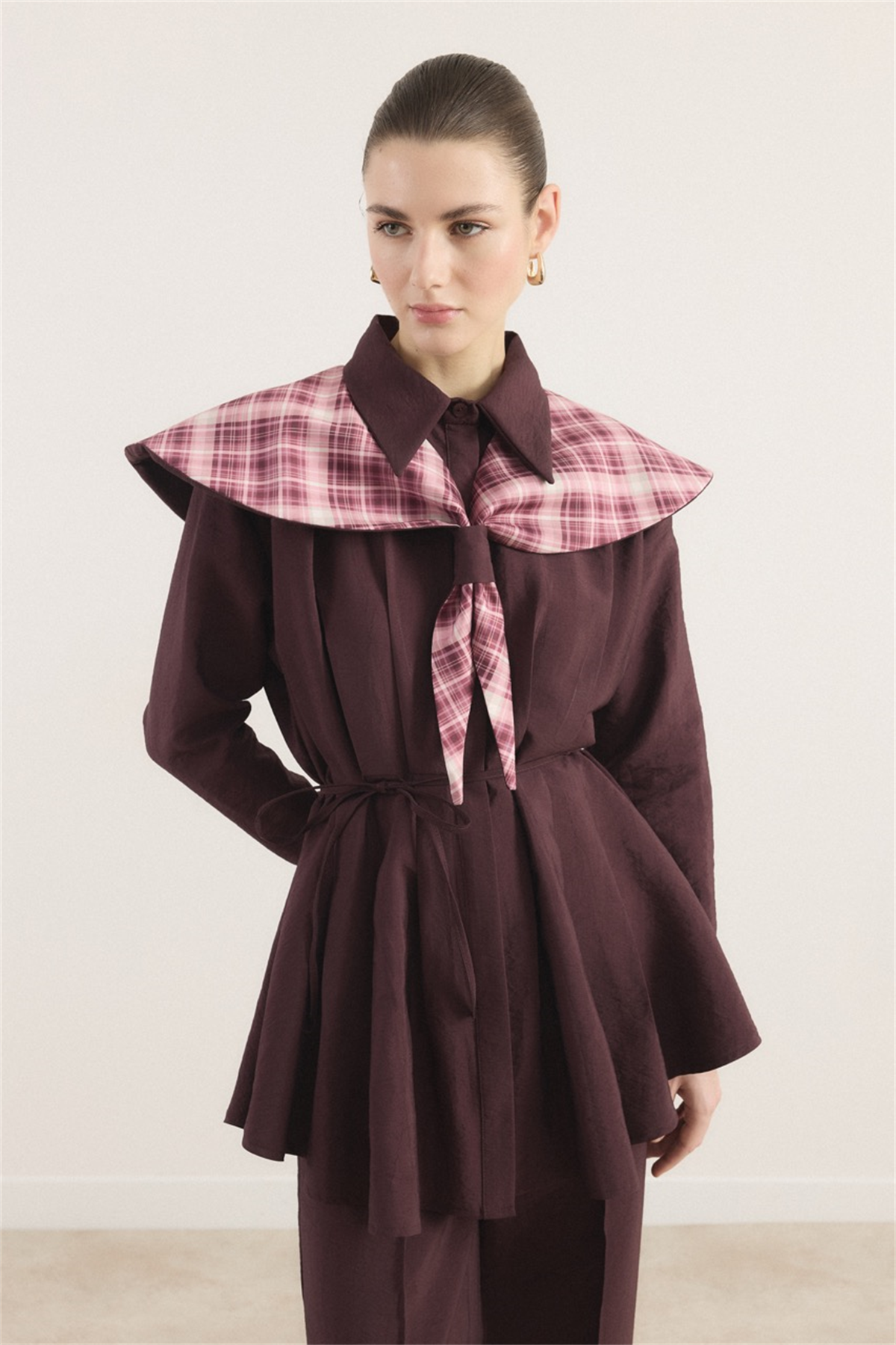 Bel Pileli Geniş Yakalı Ekose Takım - Mürdüm