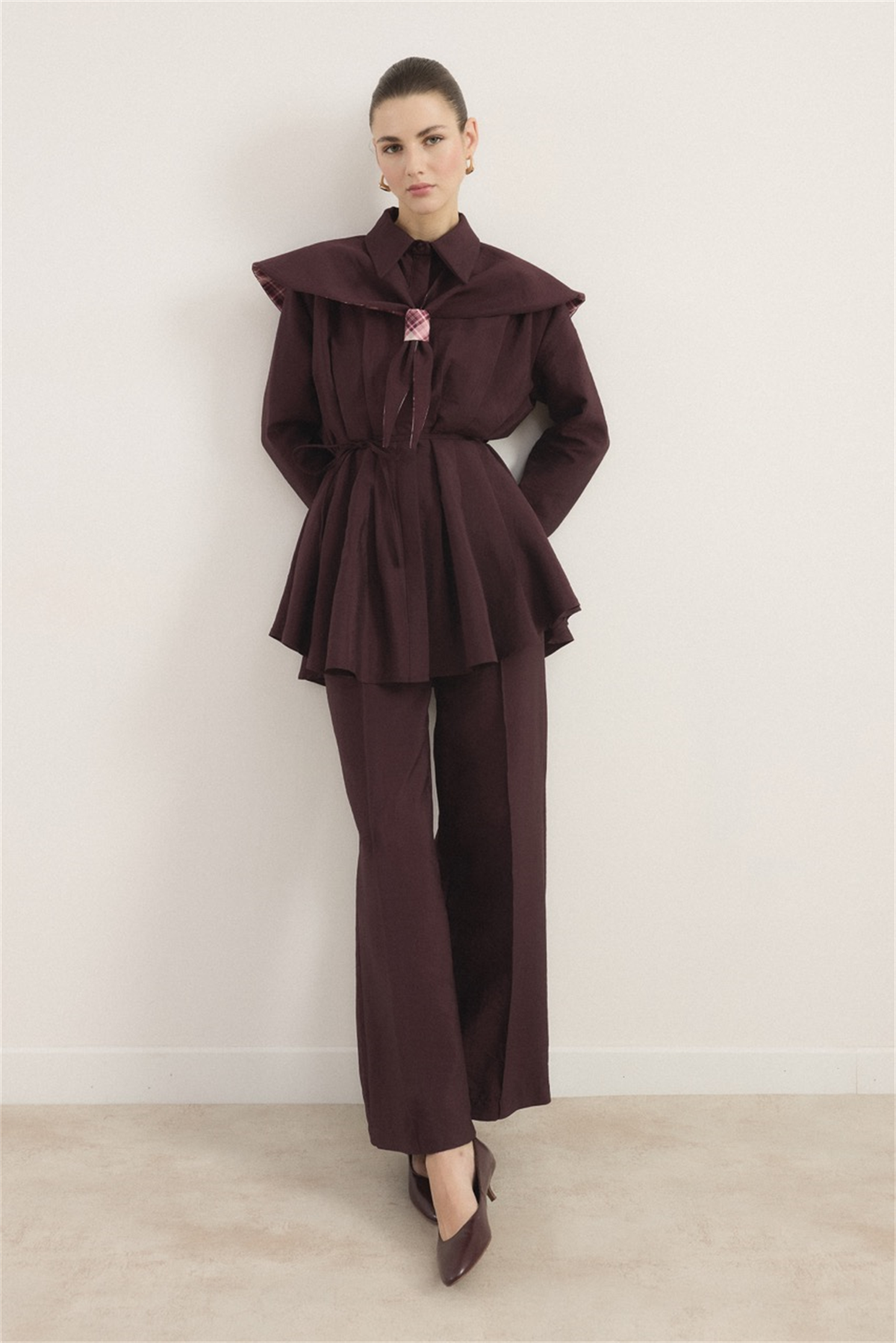 Bel Pileli Geniş Yakalı Ekose Takım - Mürdüm