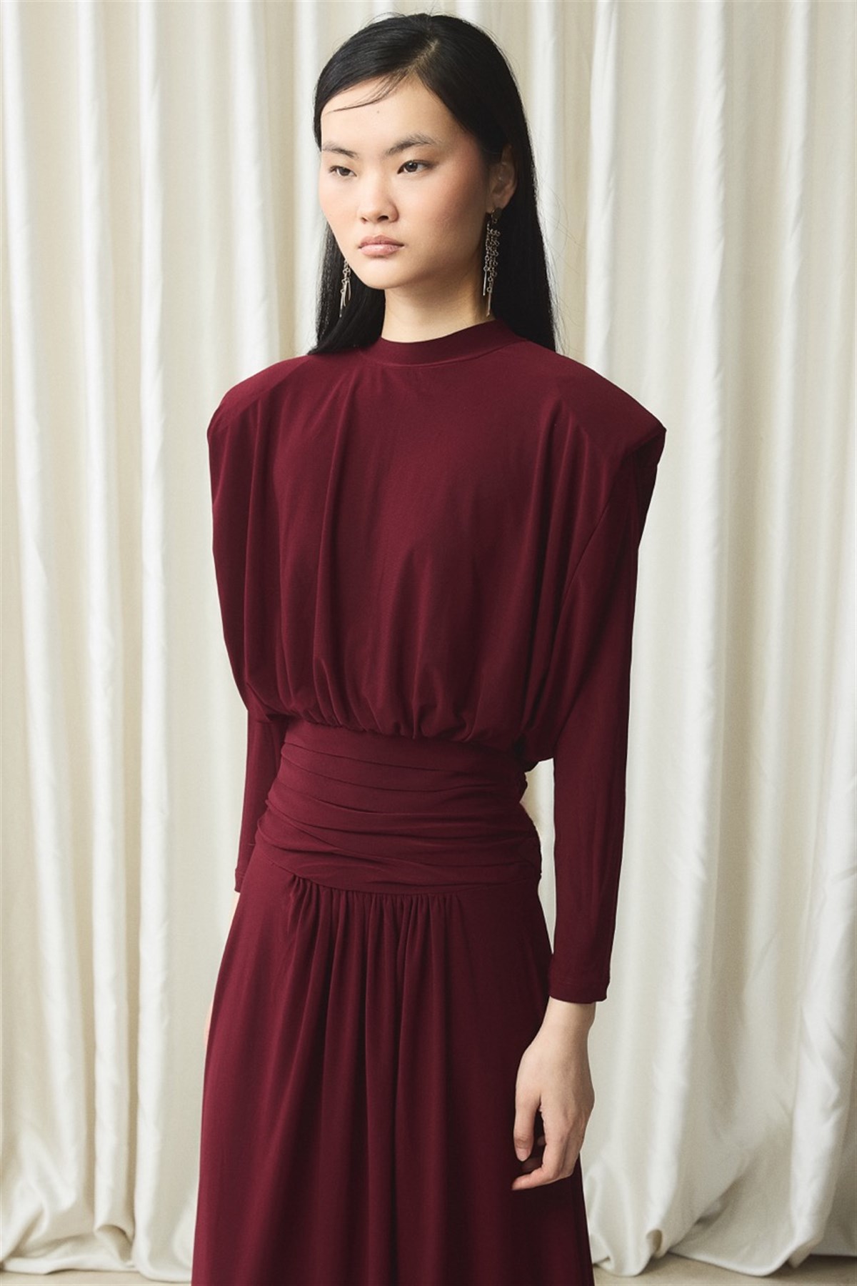 Bel Pileli Sendy Elbise - Bordo