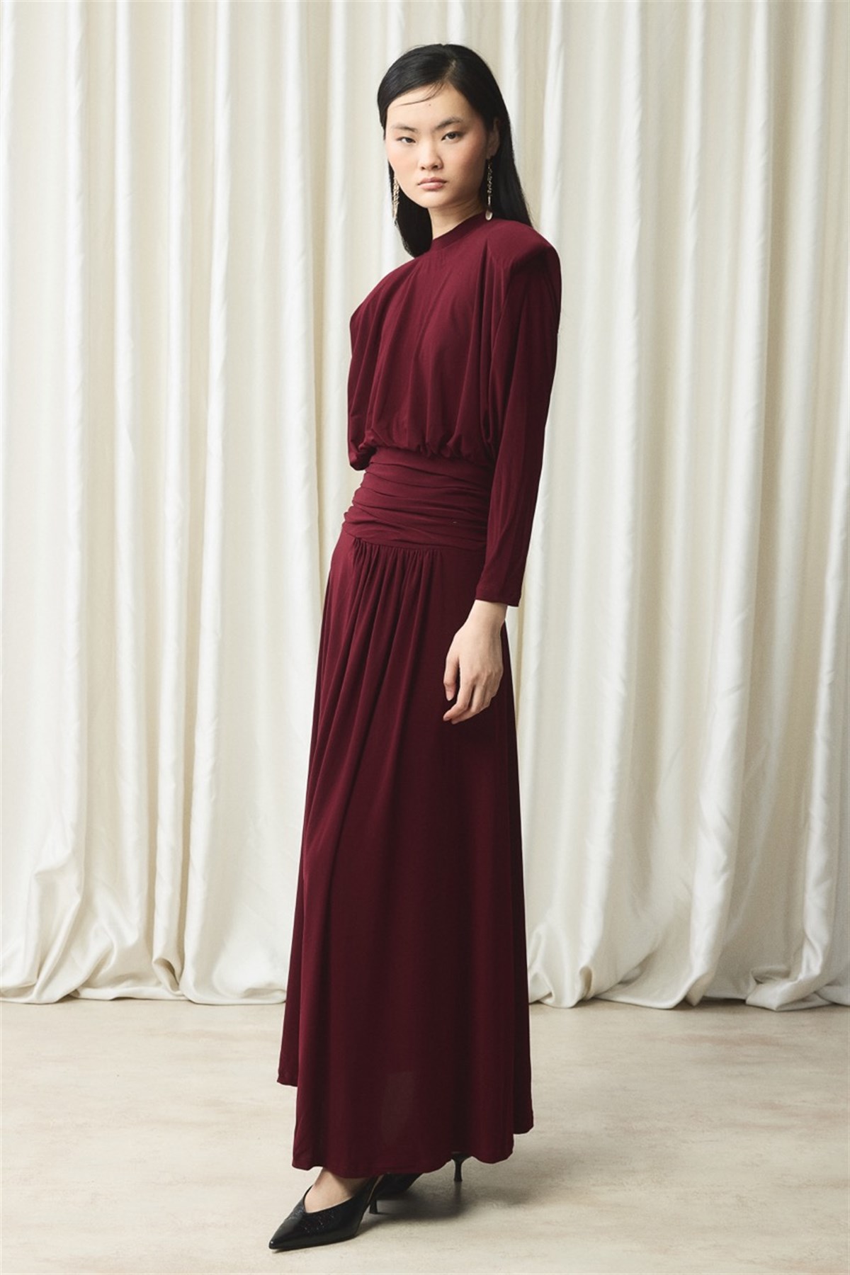 Bel Pileli Sendy Elbise - Bordo