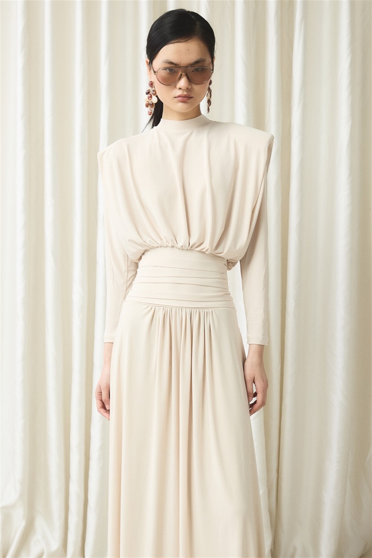 Bel Pileli Sendy Elbise - Taş