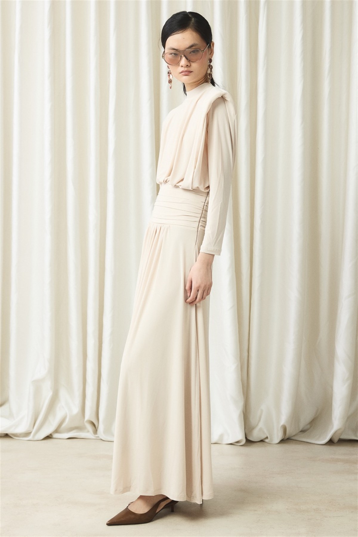 Bel Pileli Sendy Elbise - Taş