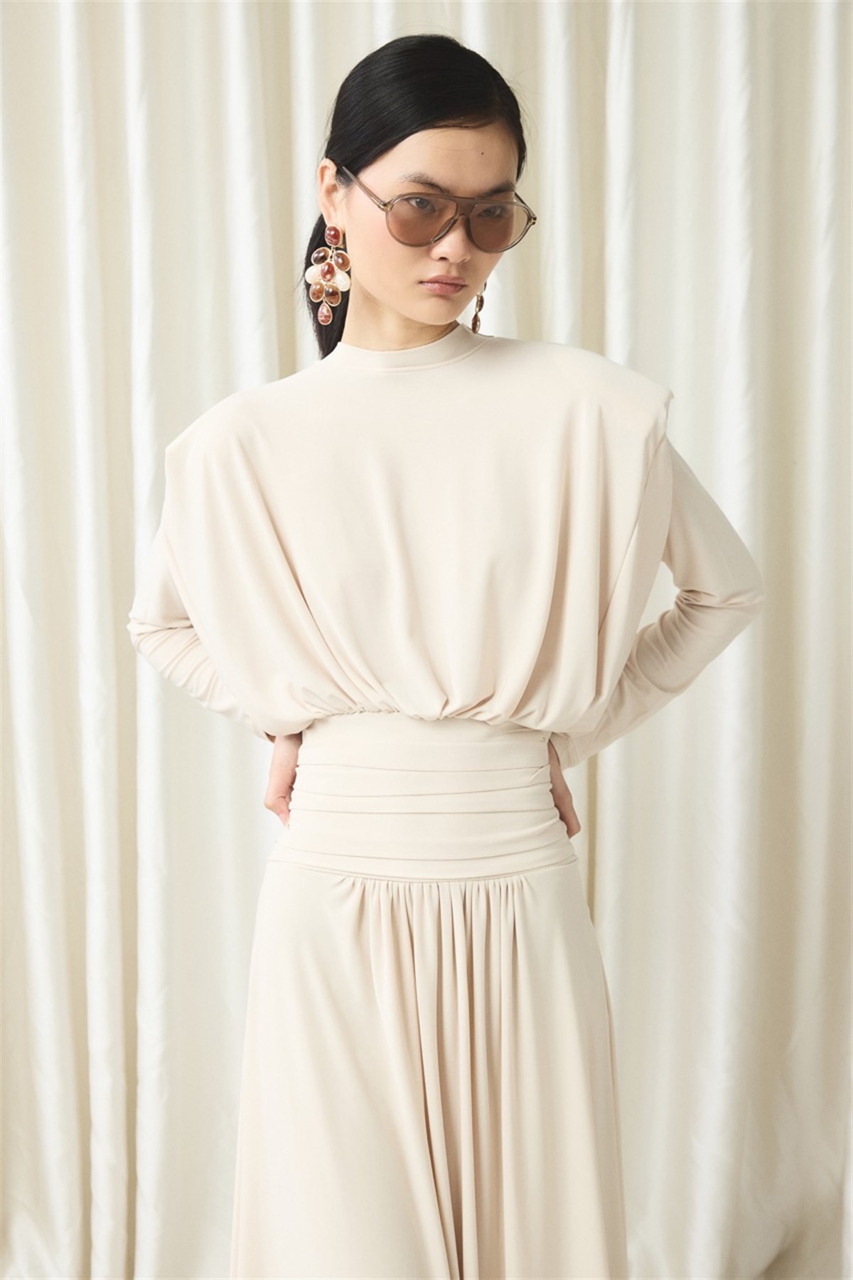 Bel Pileli Sendy Elbise - Taş