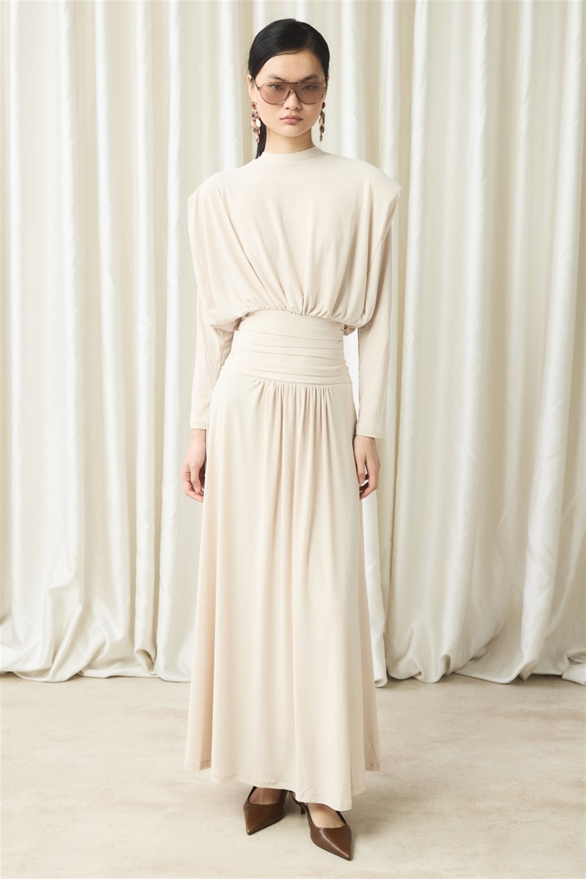 Bel Pileli Sendy Elbise - Taş