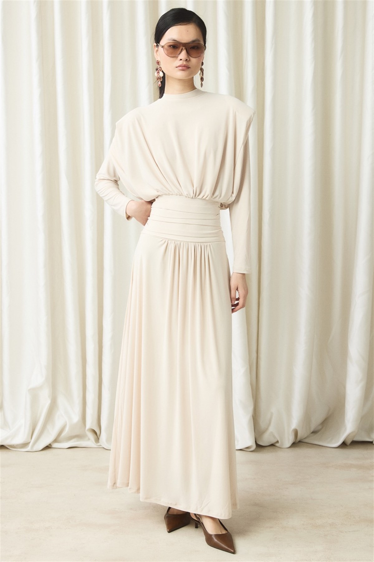 Bel Pileli Sendy Elbise - Taş