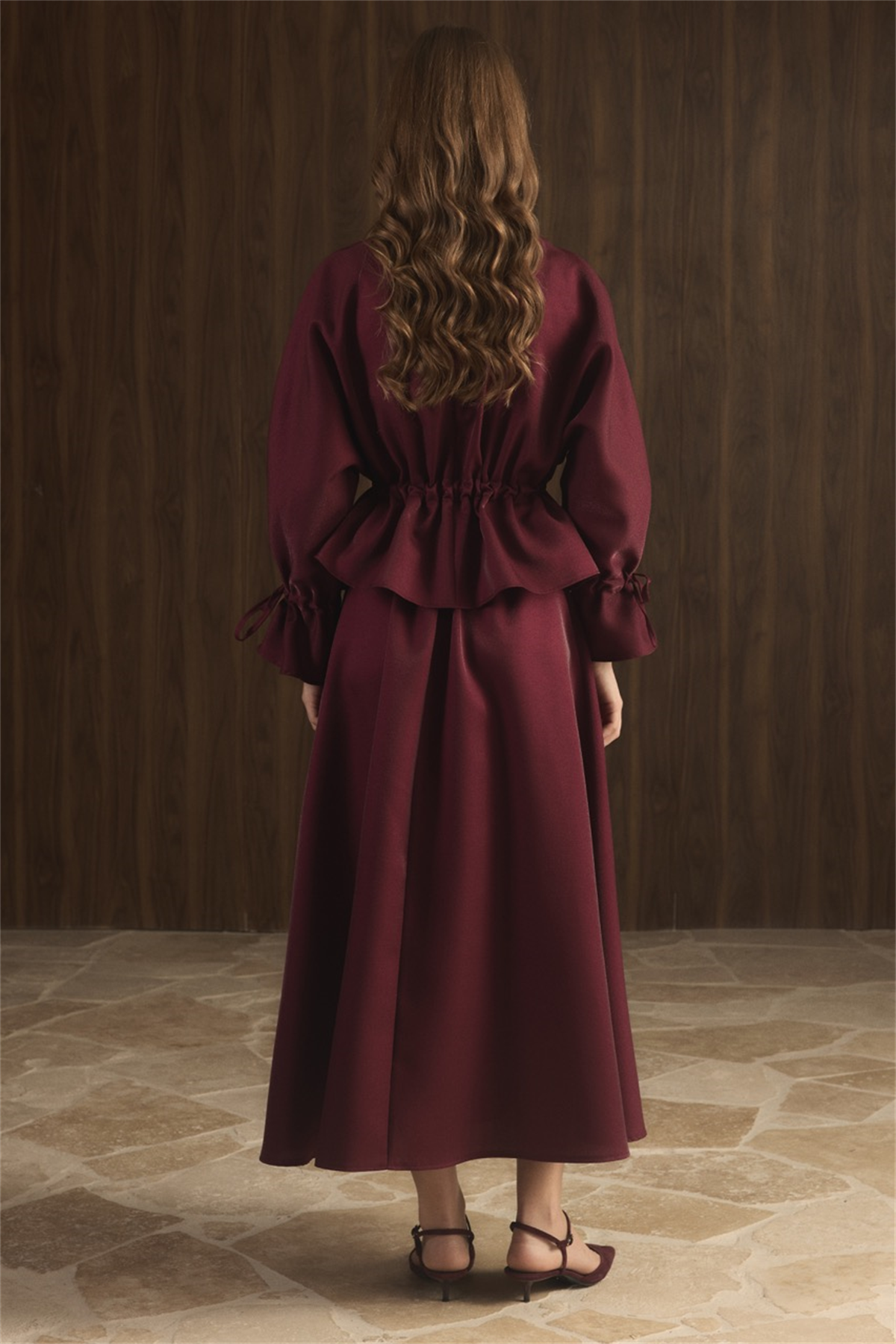 Bel Tünelli Simli Etek Takım - Bordo