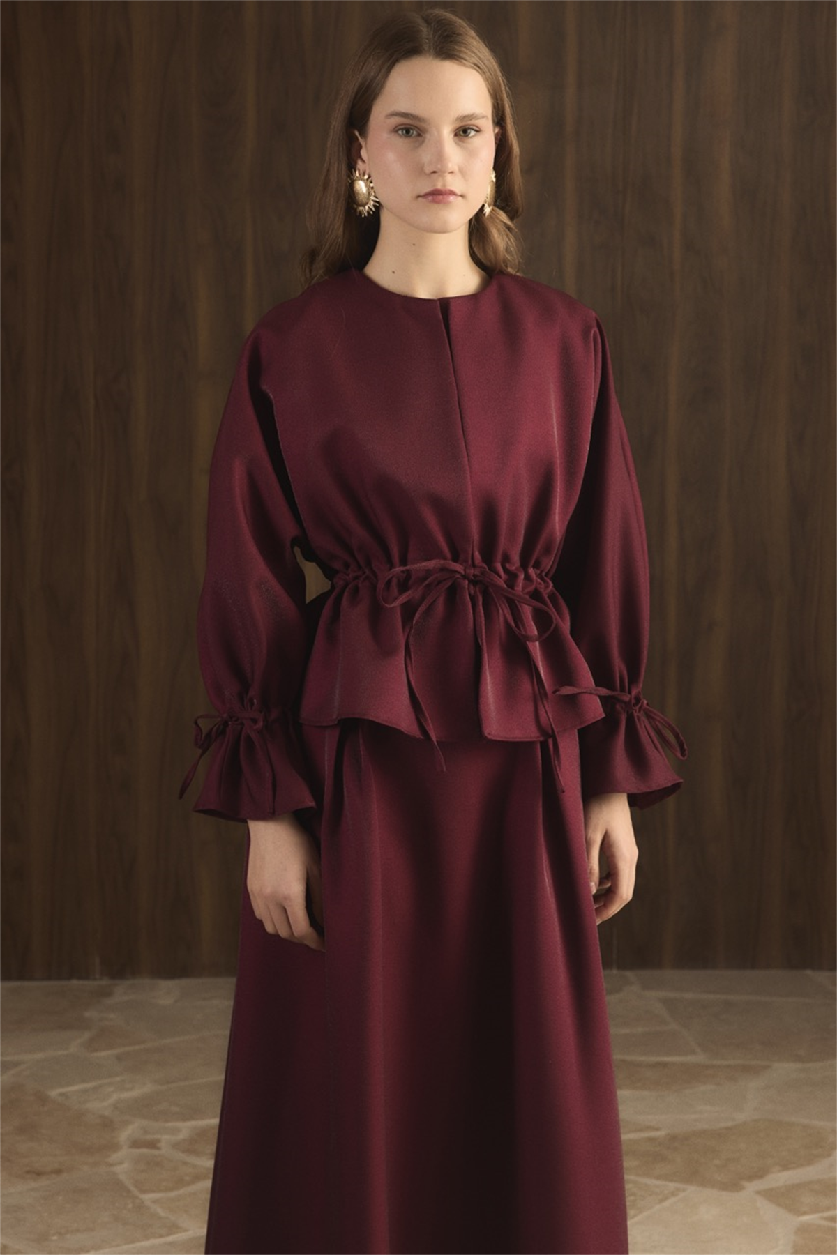 Bel Tünelli Simli Etek Takım - Bordo