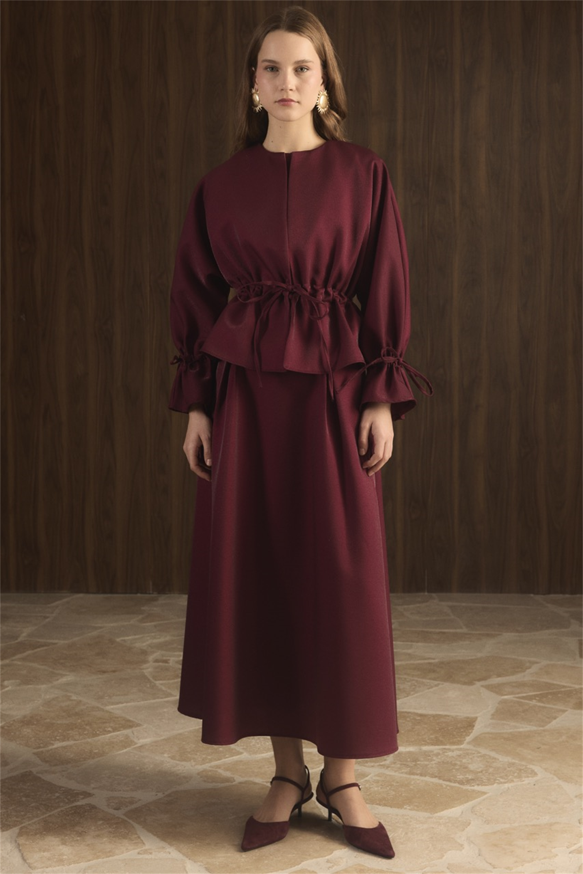 Bel Tünelli Simli Etek Takım - Bordo