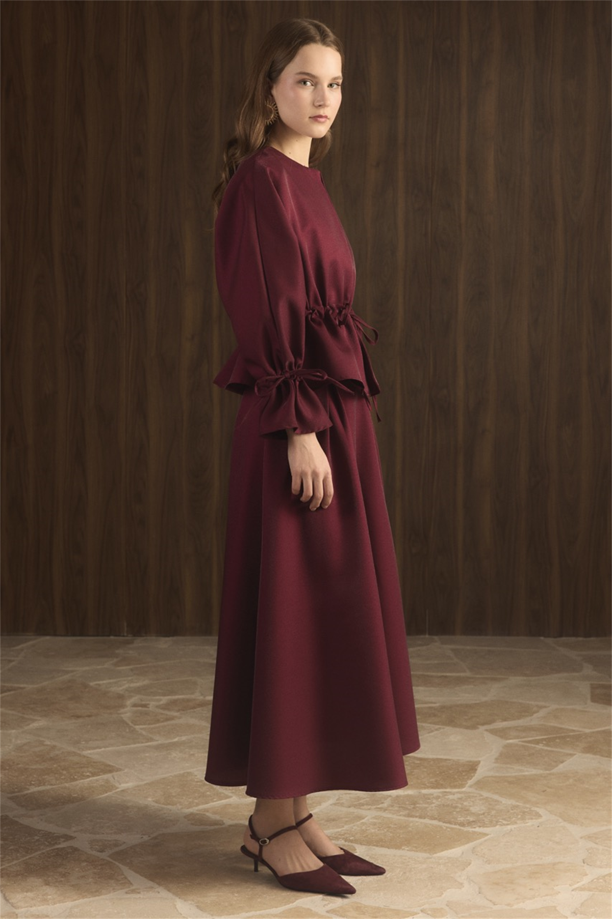 Bel Tünelli Simli Etek Takım - Bordo