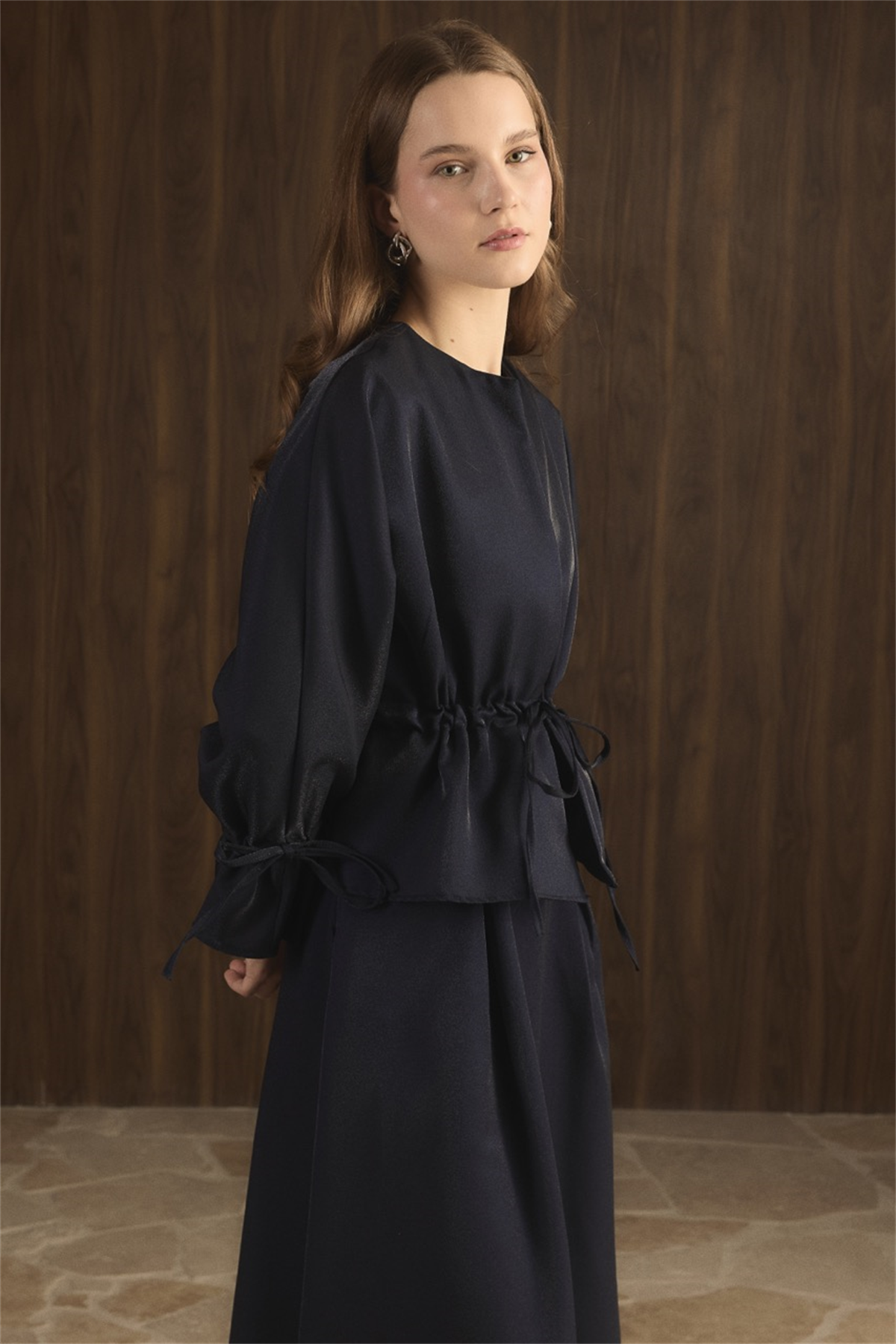 Bel Tünelli Simli Etek Takım - Lacivert