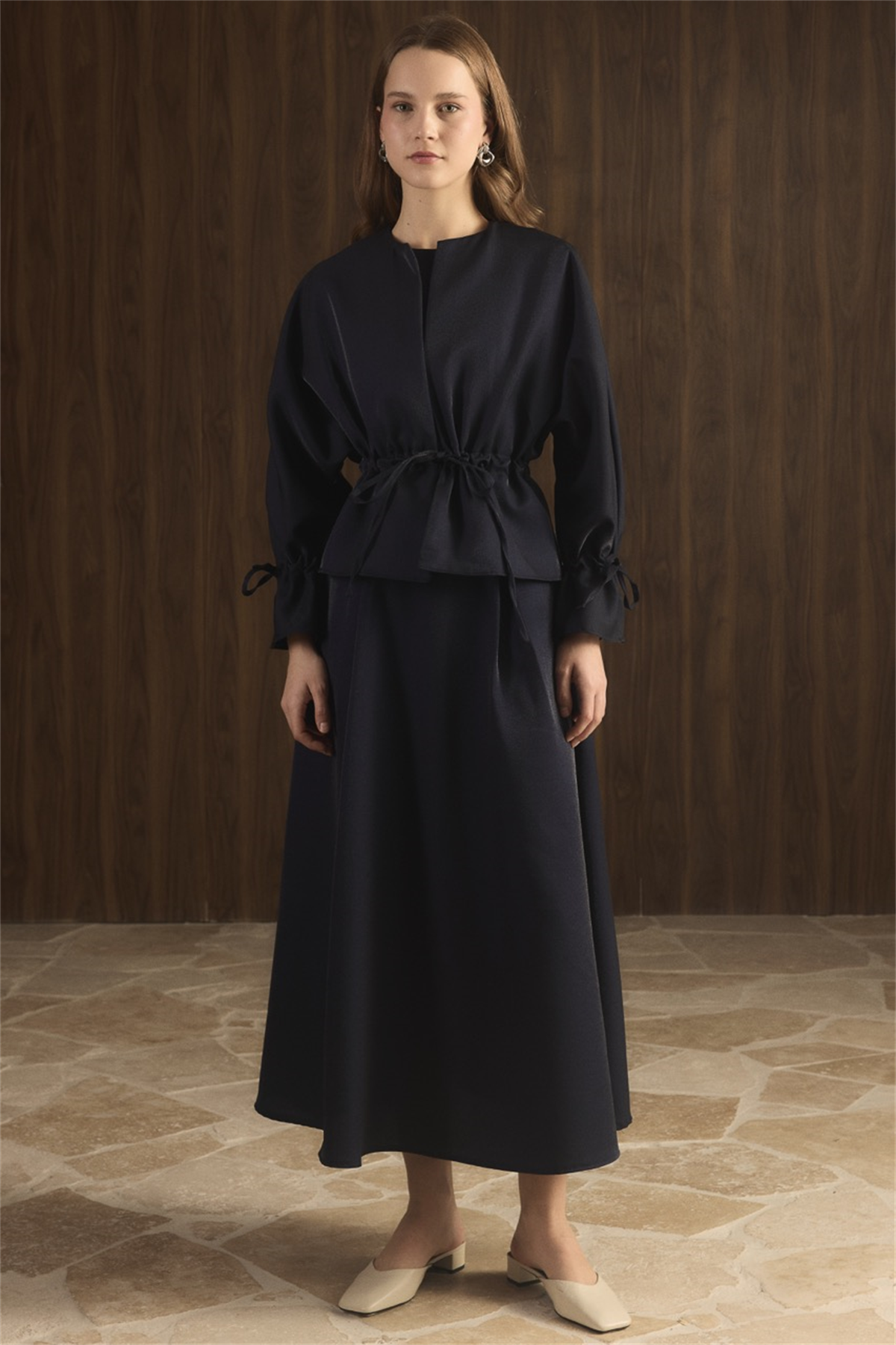 Bel Tünelli Simli Etek Takım - Lacivert