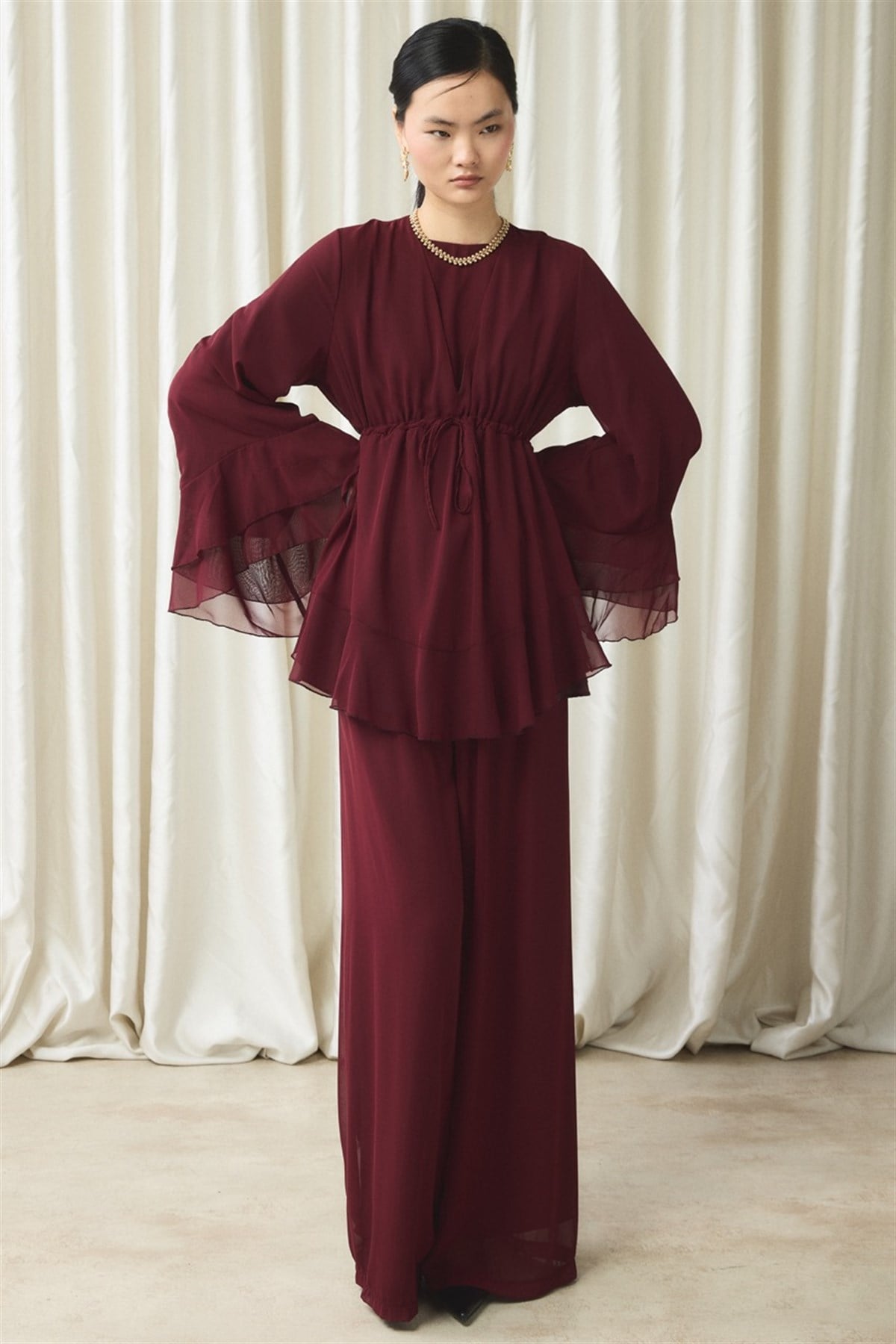 Bel Tünelli Şifon Takım - Bordo