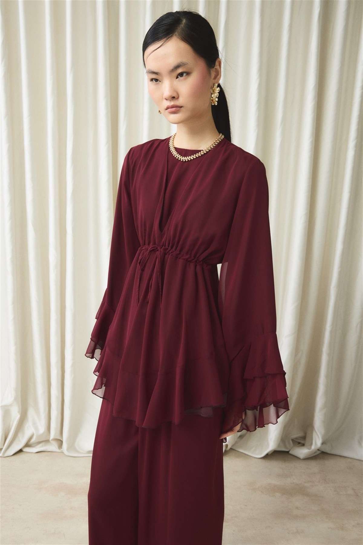 Bel Tünelli Şifon Takım - Bordo
