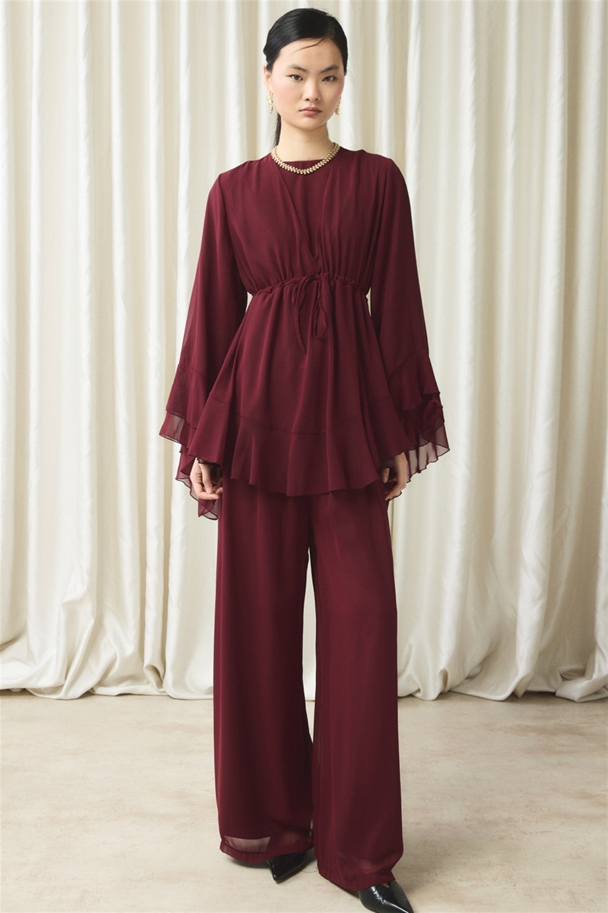 Bel Tünelli Şifon Takım - Bordo