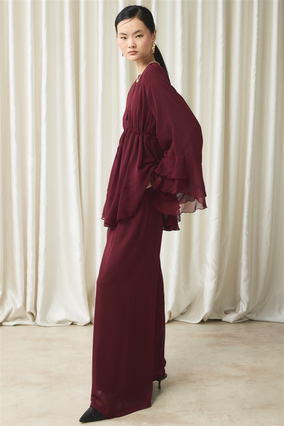 Bel Tünelli Şifon Takım - Bordo