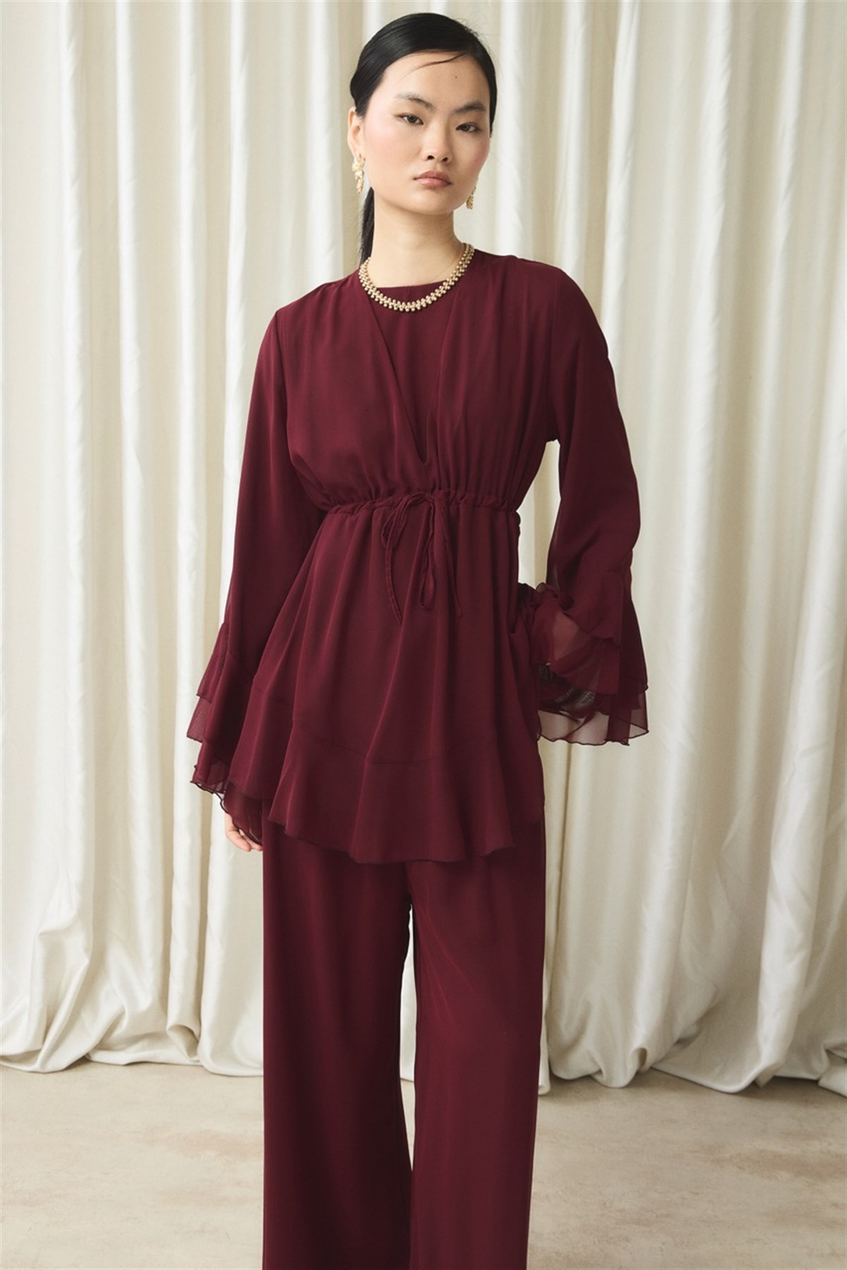 Bel Tünelli Şifon Takım - Bordo