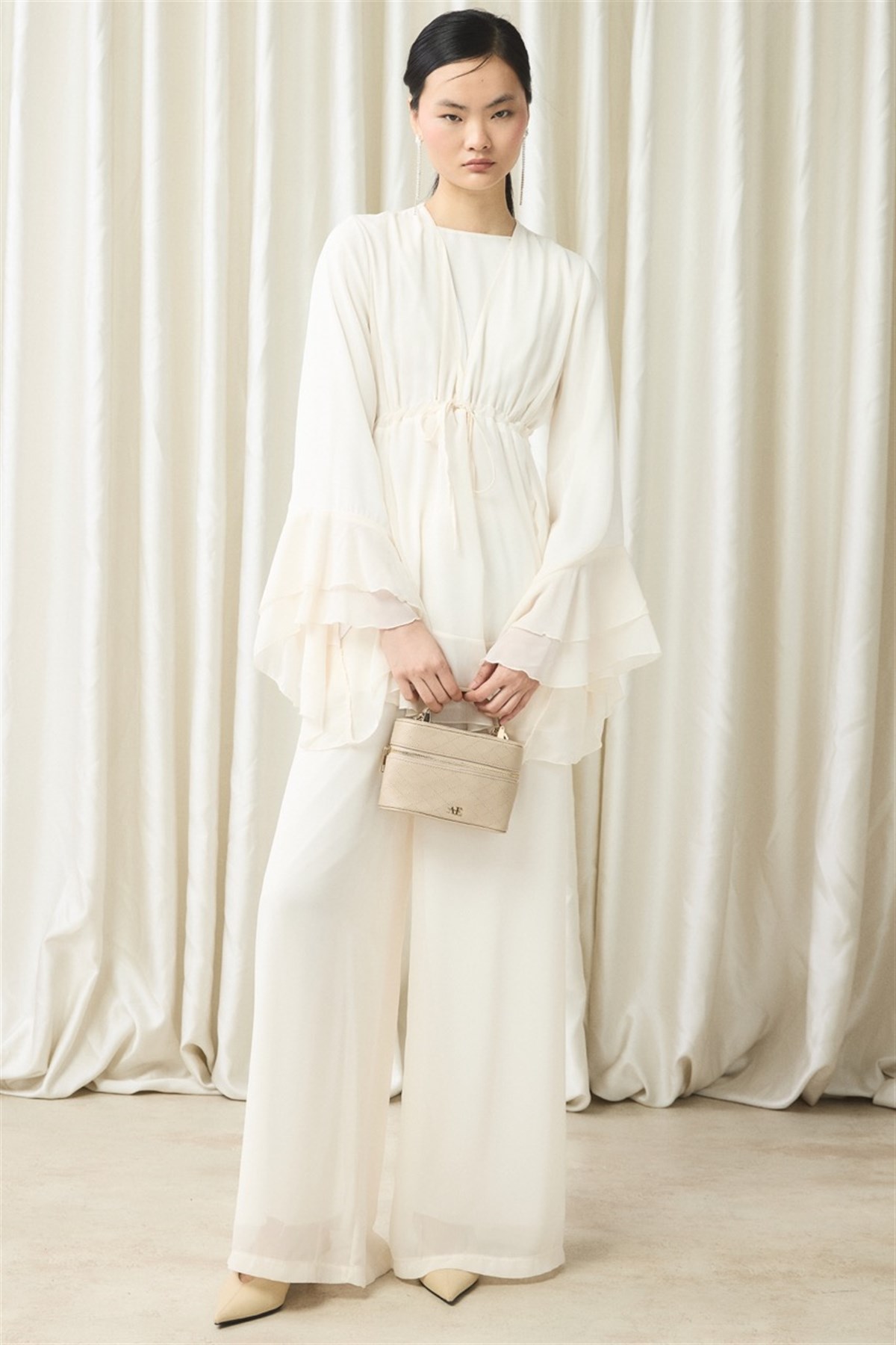 Bel Tünelli Şifon Takım - Ekru