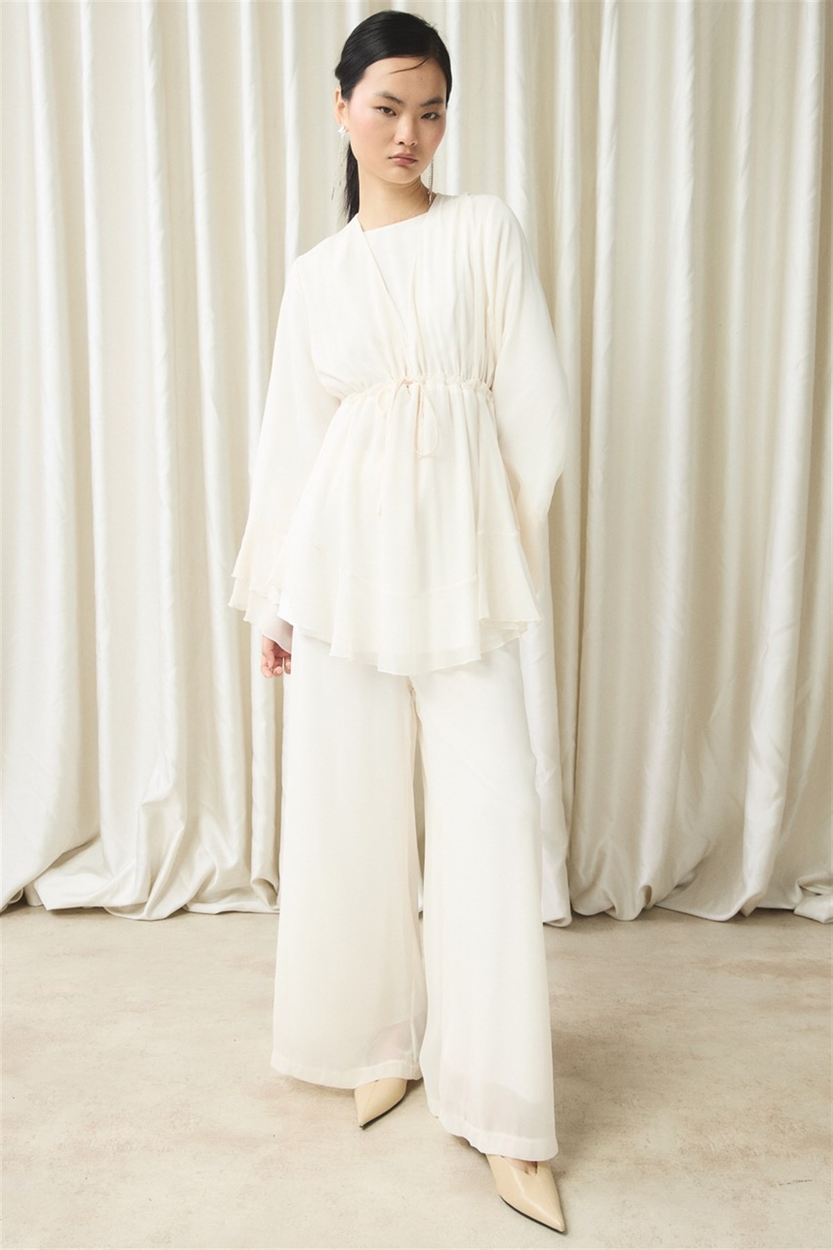 Bel Tünelli Şifon Takım - Ekru