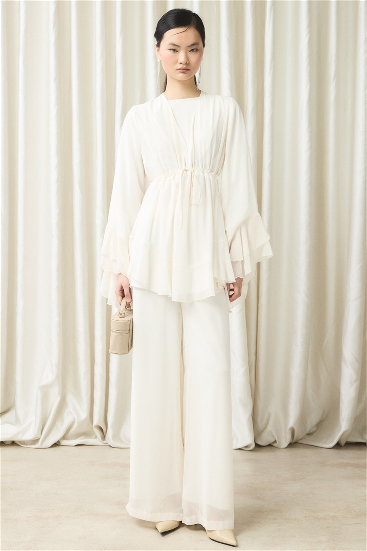 Bel Tünelli Şifon Takım - Ekru