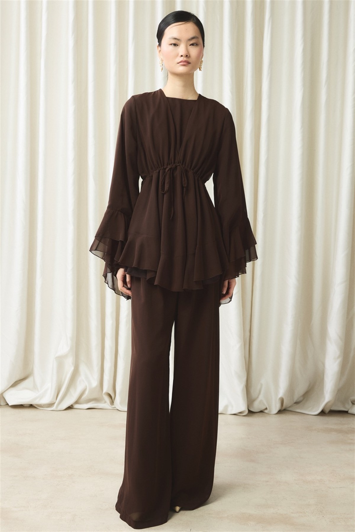 Bel Tünelli Şifon Takım - Kahve