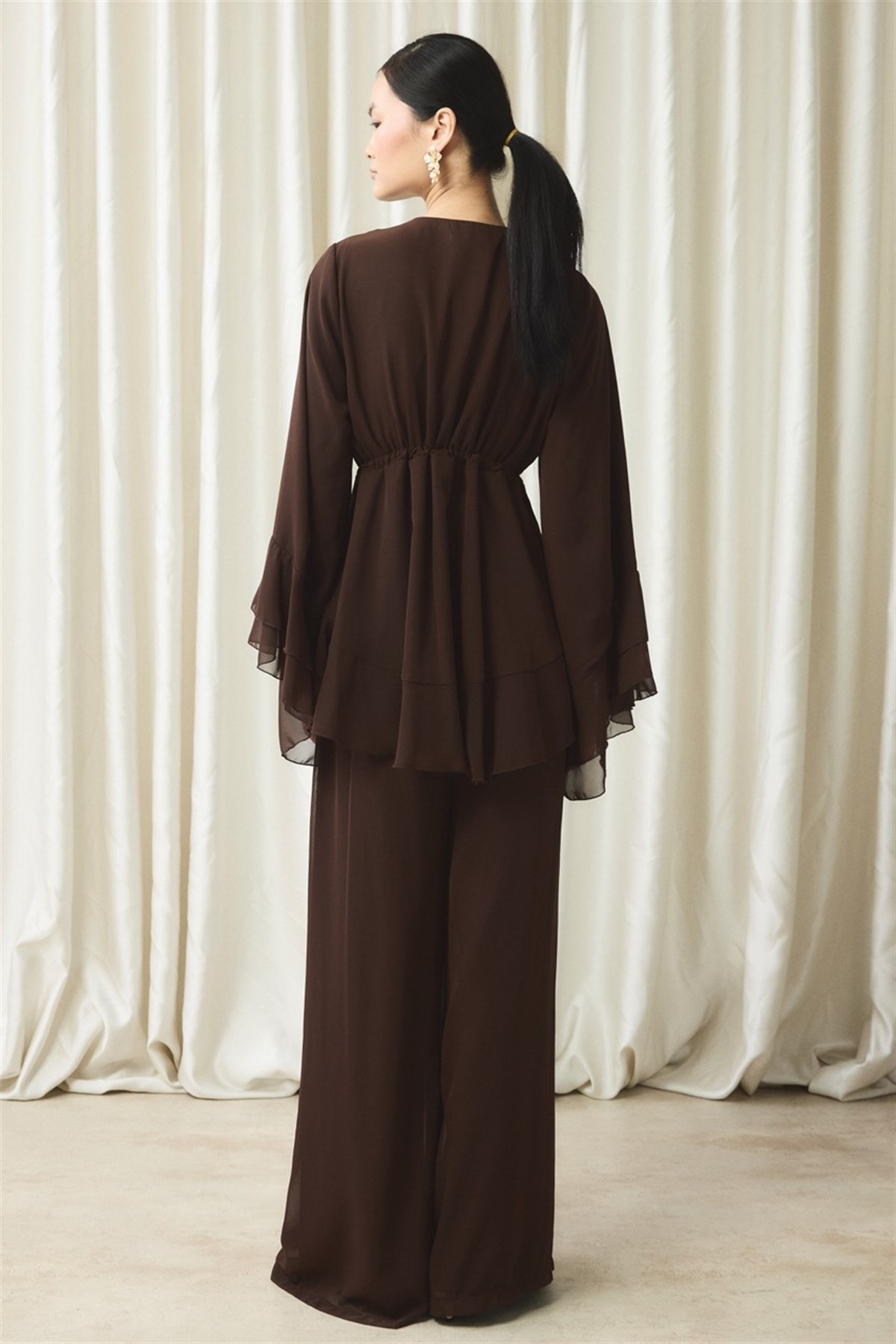 Bel Tünelli Şifon Takım - Kahve