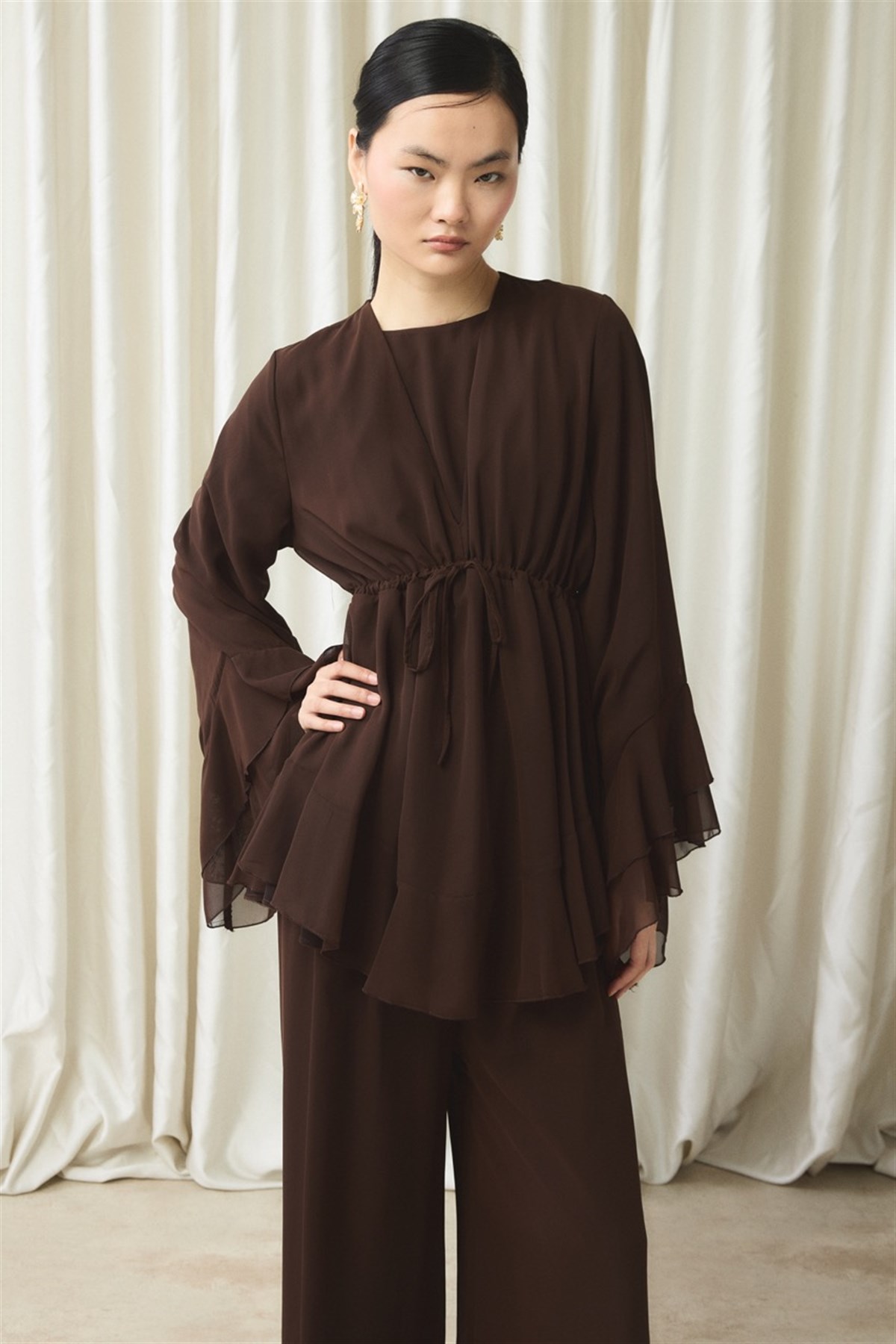 Bel Tünelli Şifon Takım - Kahve