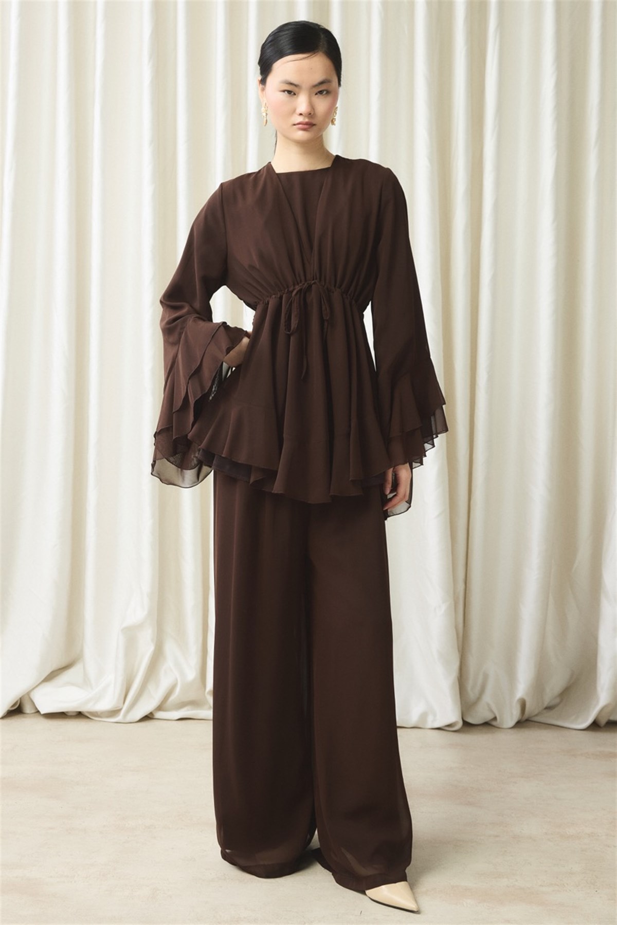 Bel Tünelli Şifon Takım - Kahve