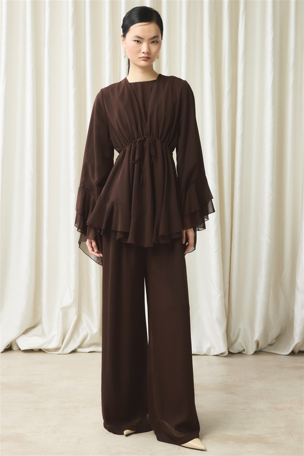 Bel Tünelli Şifon Takım - Kahve