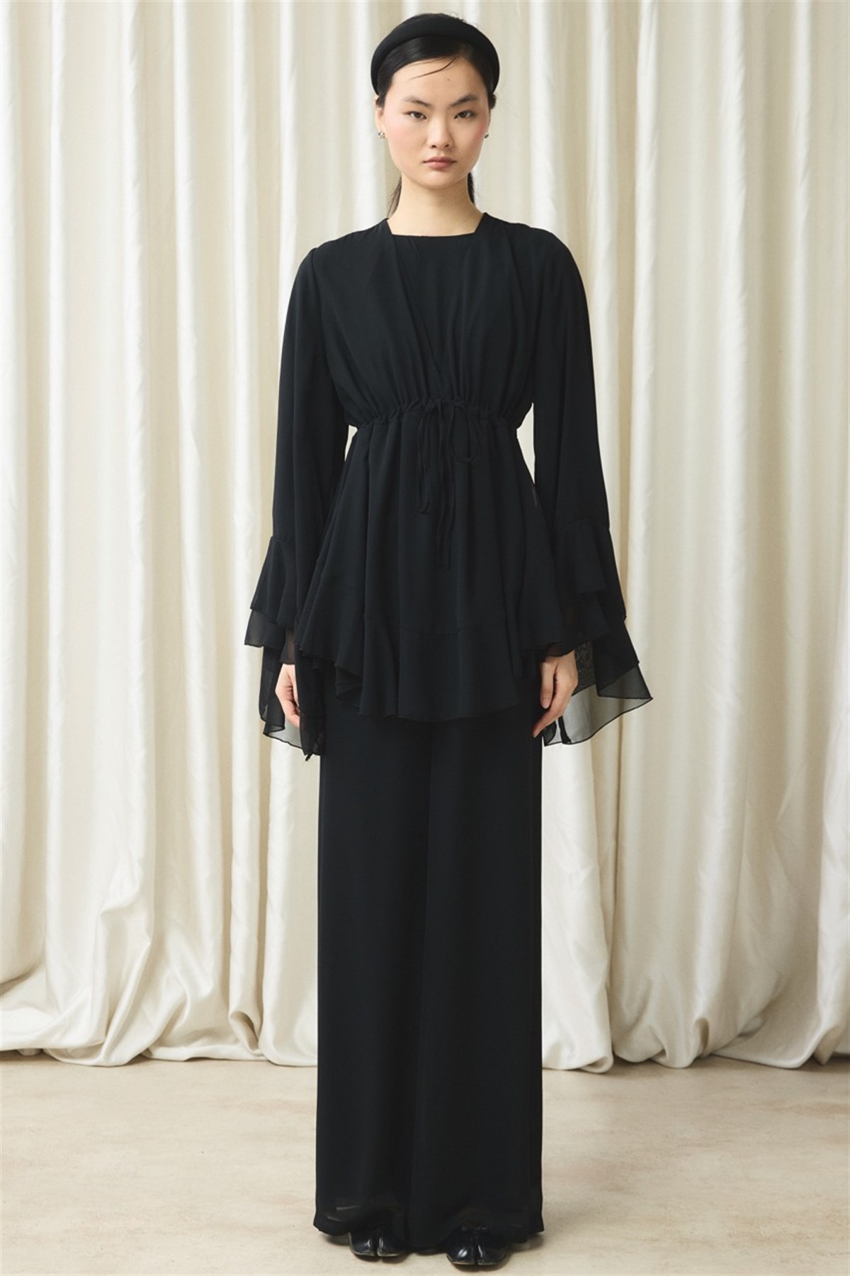 Bel Tünelli Şifon Takım - Siyah