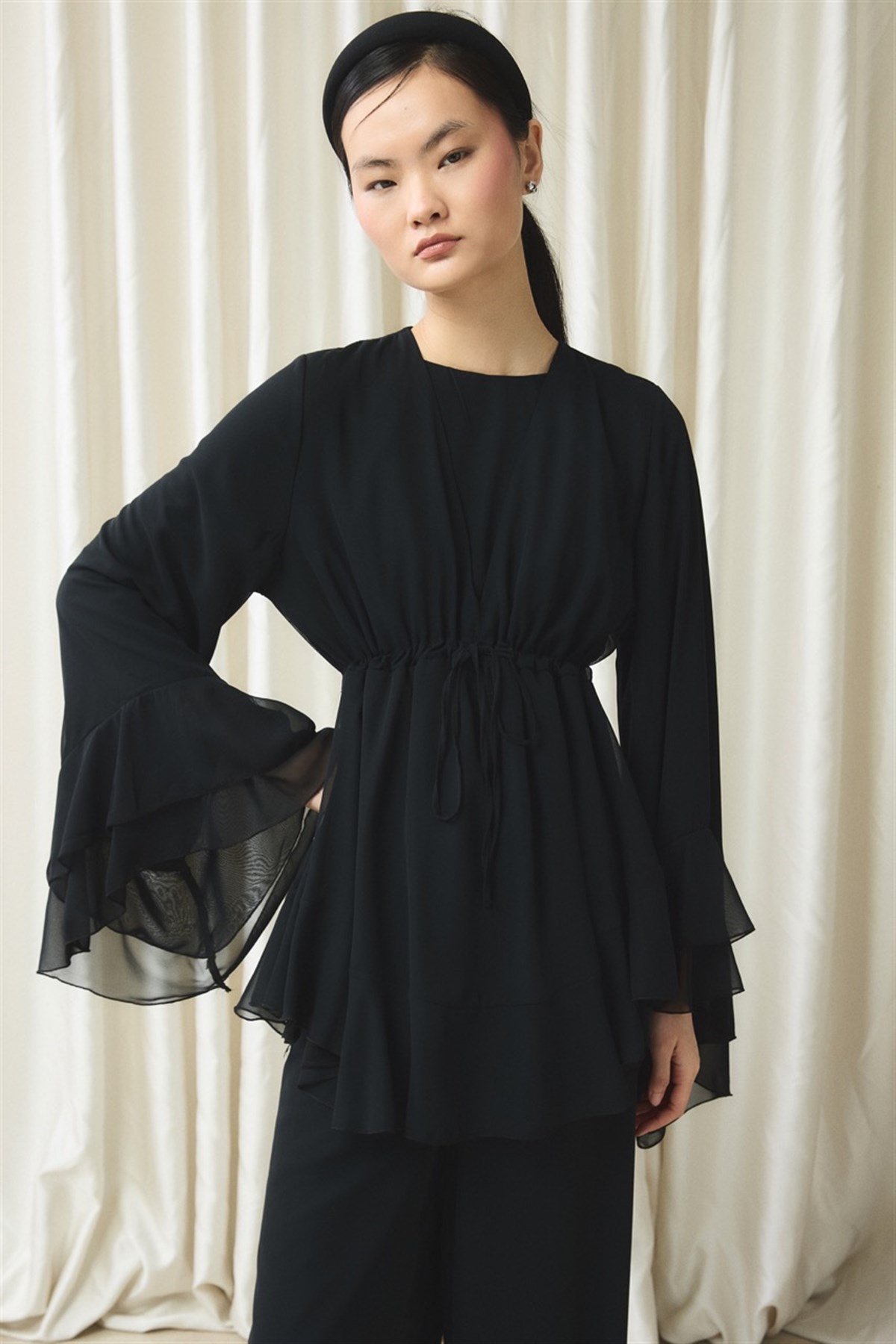 Bel Tünelli Şifon Takım - Siyah