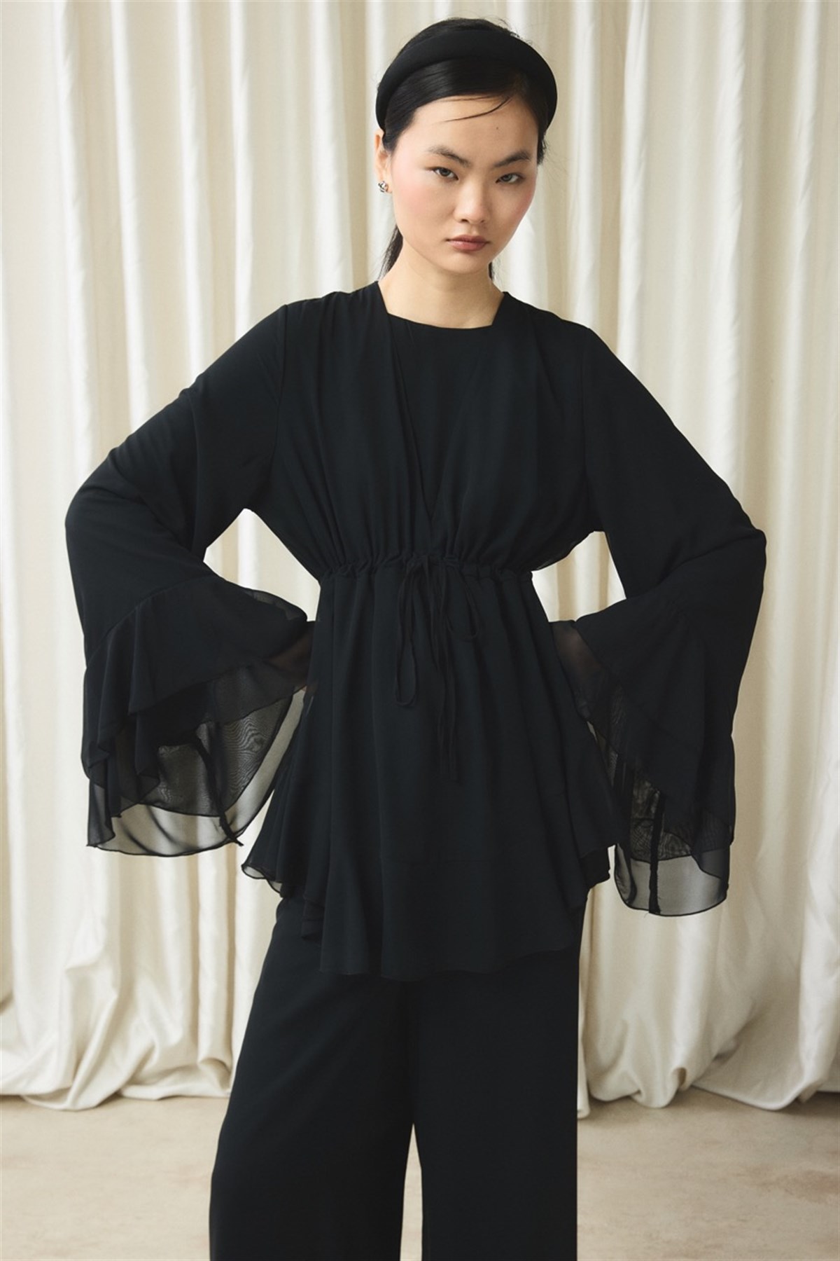 Bel Tünelli Şifon Takım - Siyah