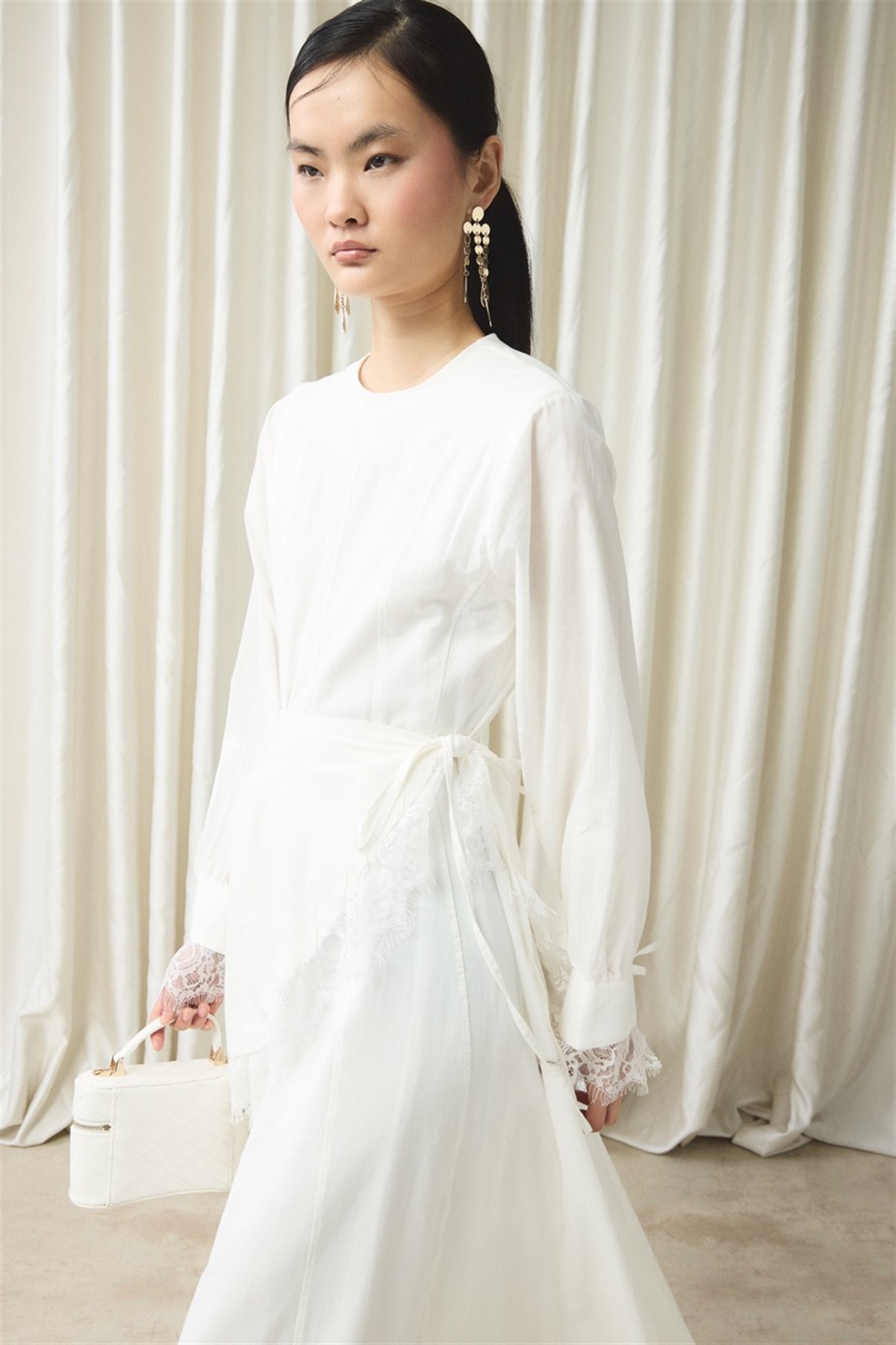 Belden Bağlama Detaylı Vual Elbise - Ekru