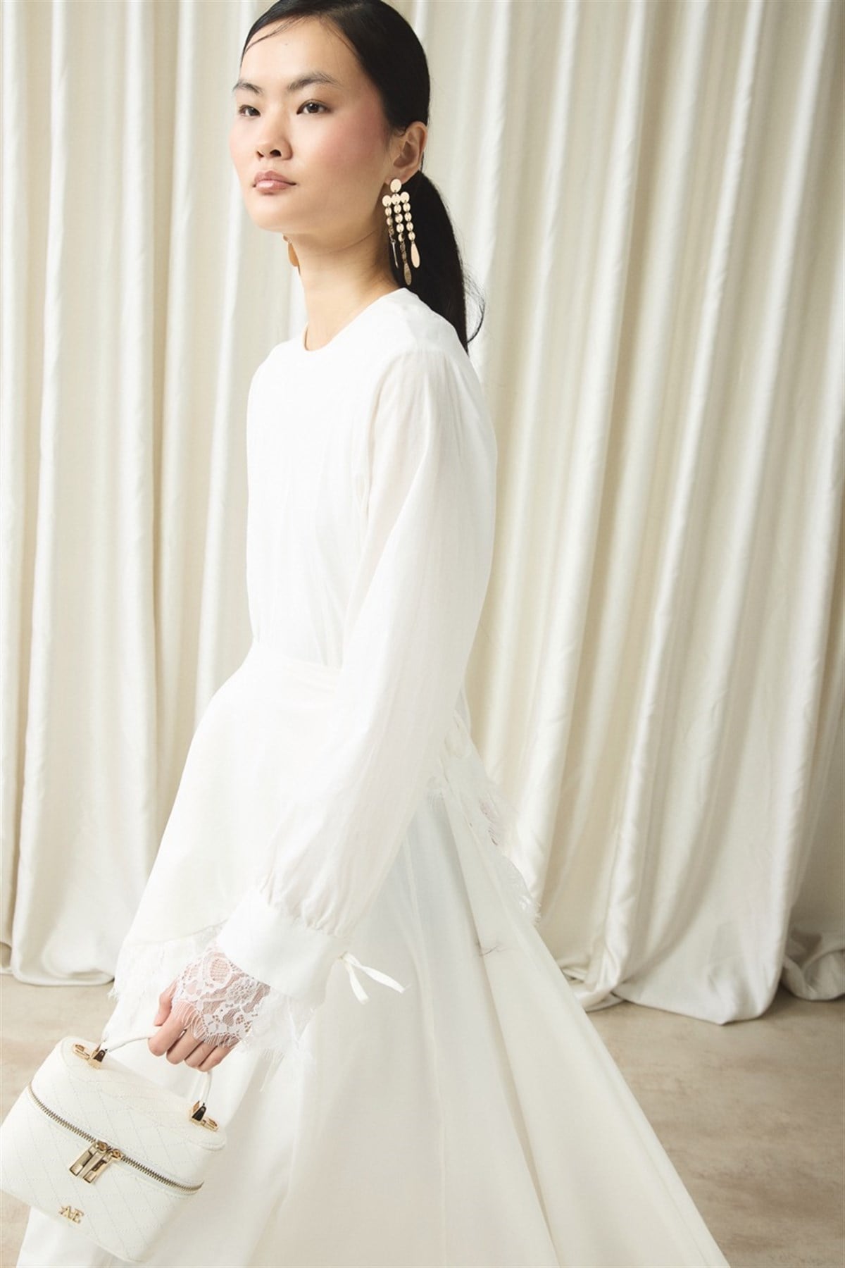 Belden Bağlama Detaylı Vual Elbise - Ekru