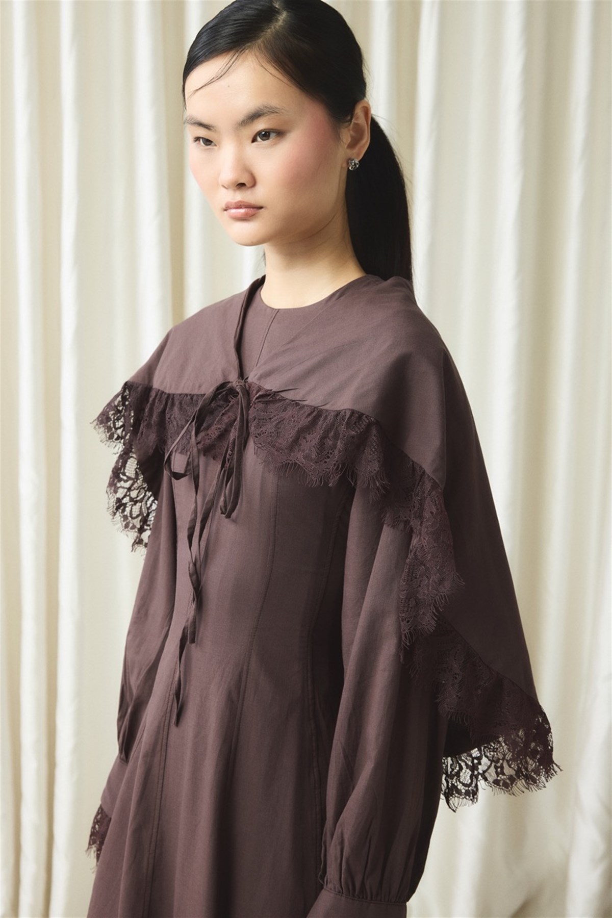 Belden Bağlama Detaylı Vual Elbise - Kahve