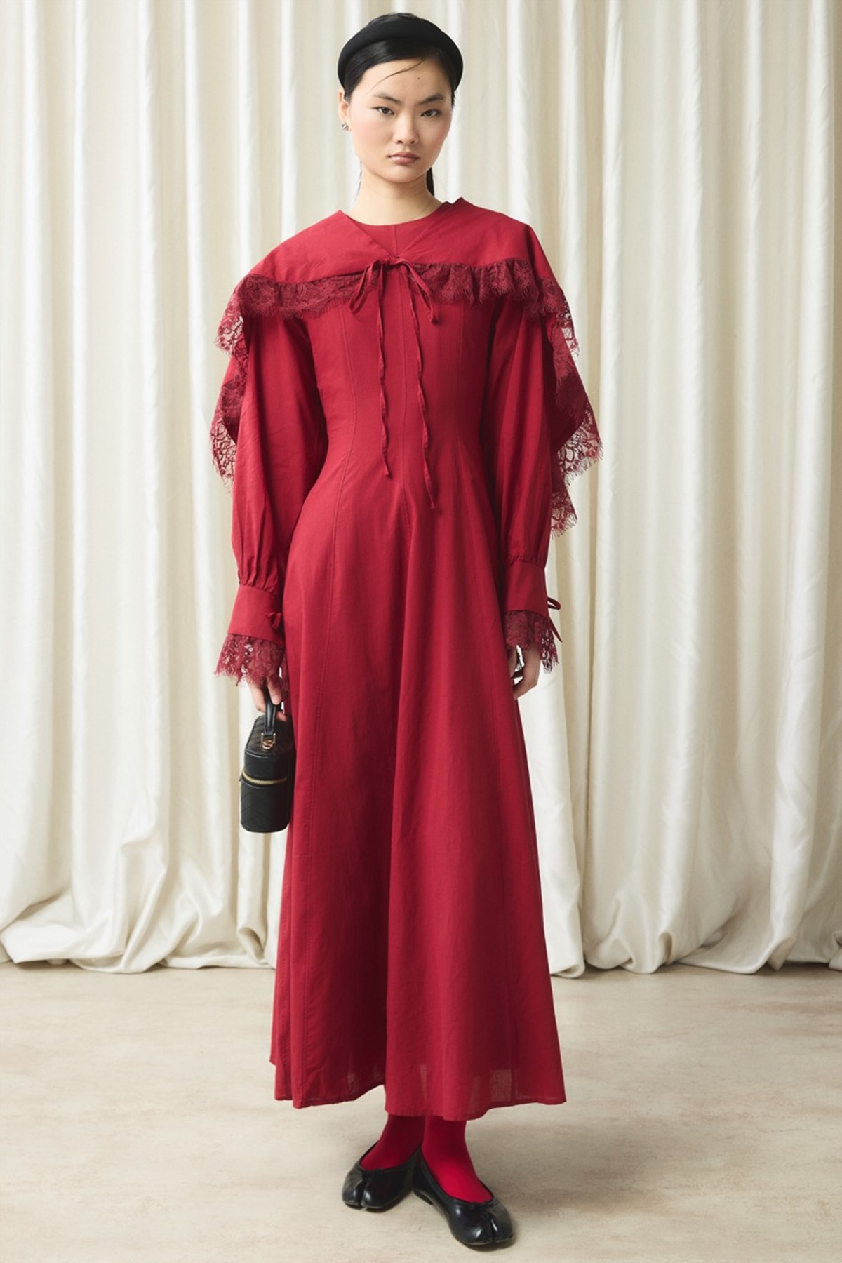 Belden Bağlama Detaylı Vual Elbise - Kırmızı