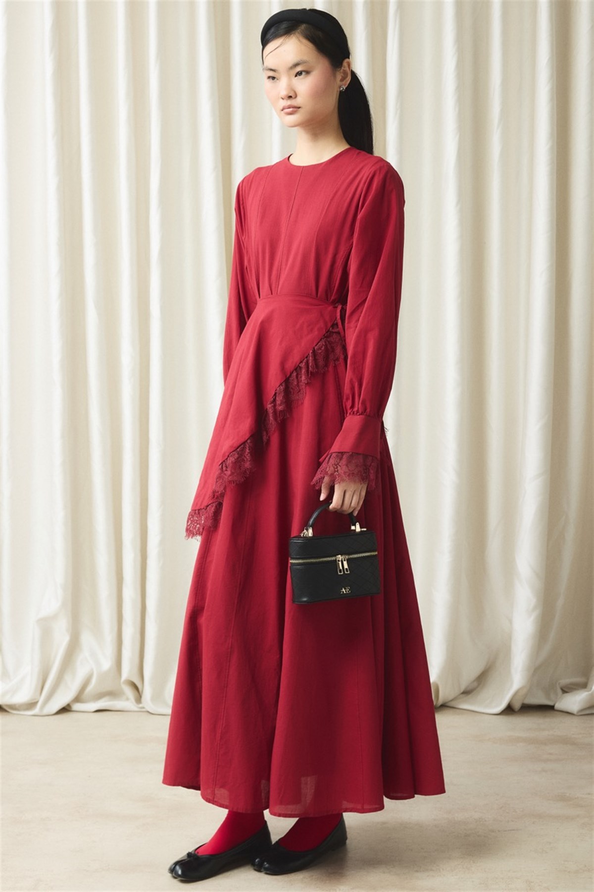 Belden Bağlama Detaylı Vual Elbise - Kırmızı