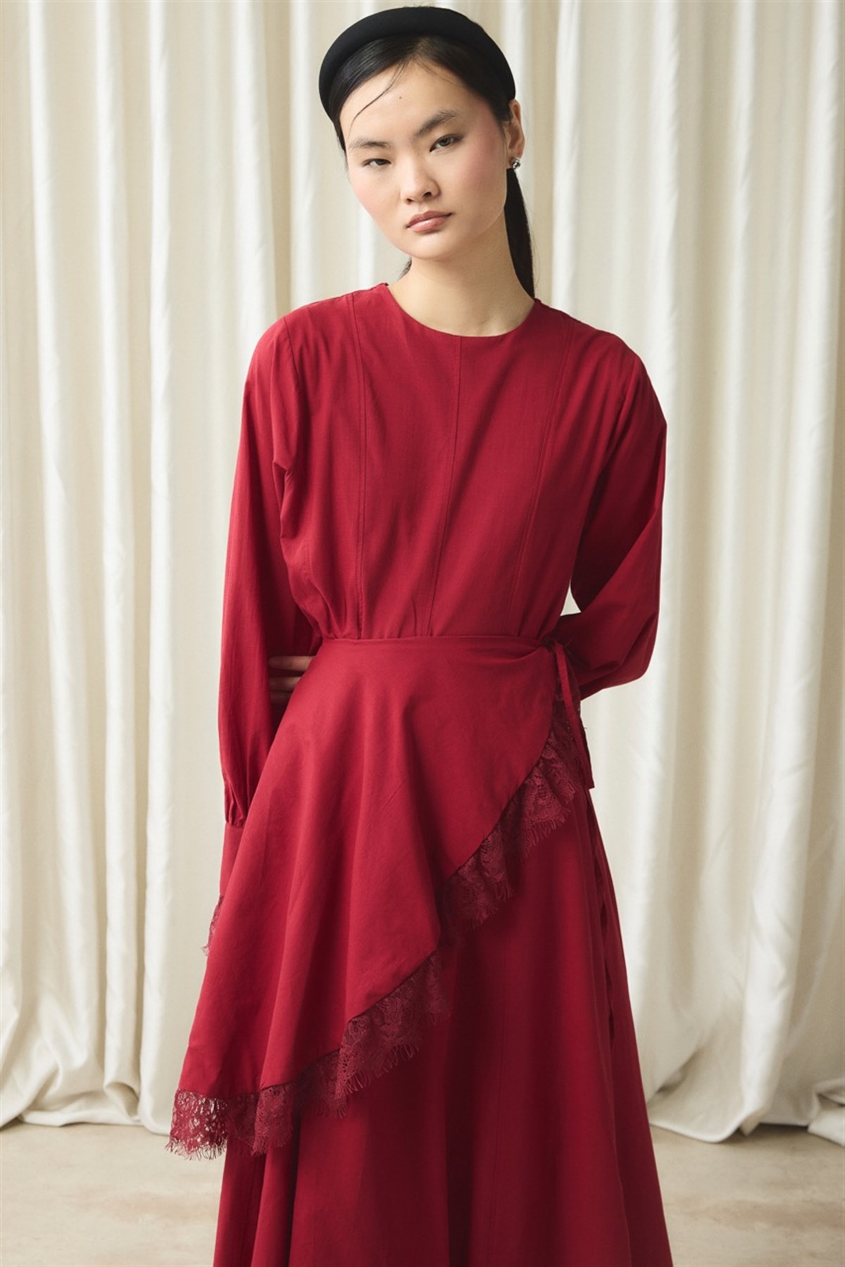 Belden Bağlama Detaylı Vual Elbise - Kırmızı