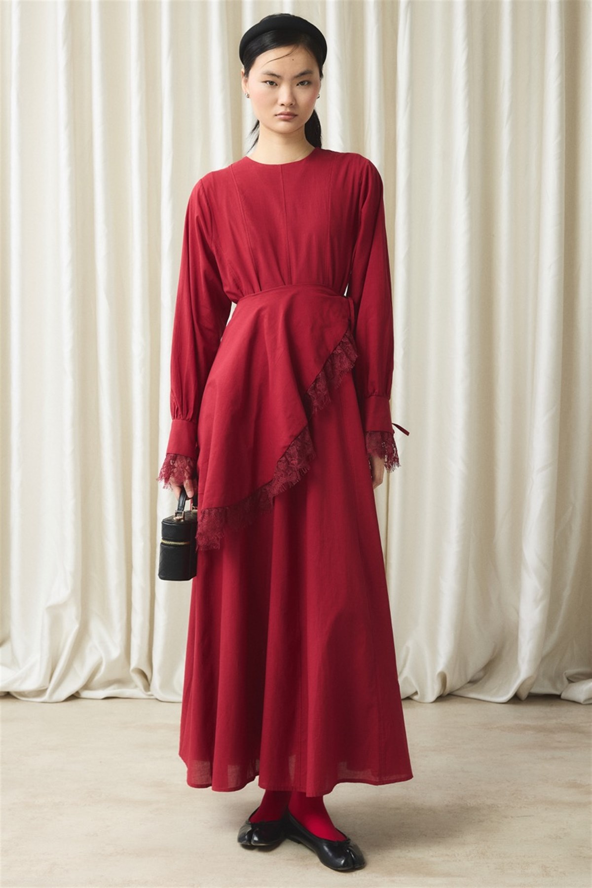 Belden Bağlama Detaylı Vual Elbise - Kırmızı