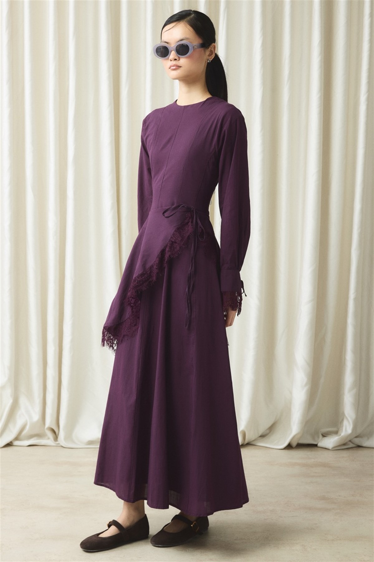 Belden Bağlama Detaylı Vual Elbise - Mürdüm